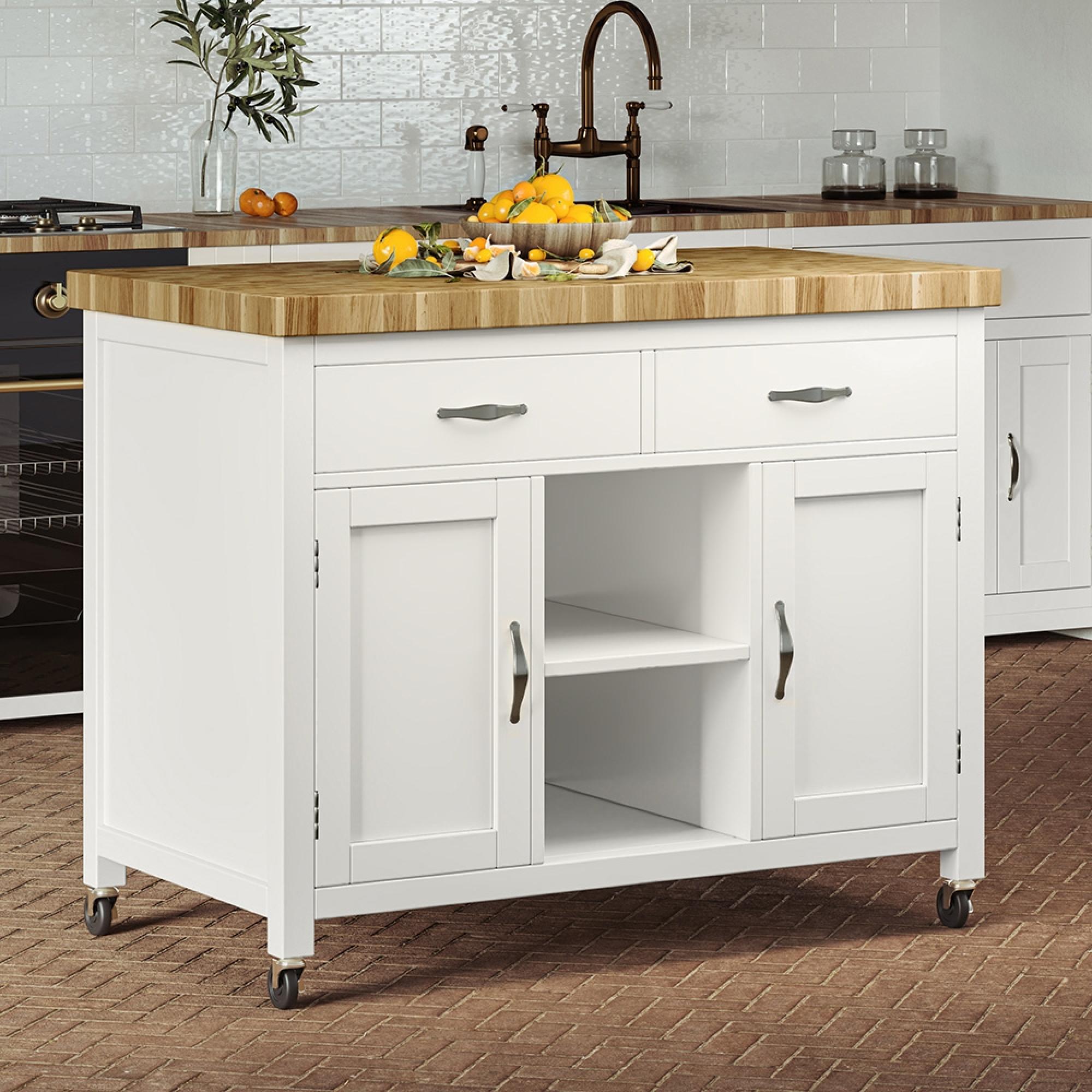 White Kitchen Island with Butchers Block