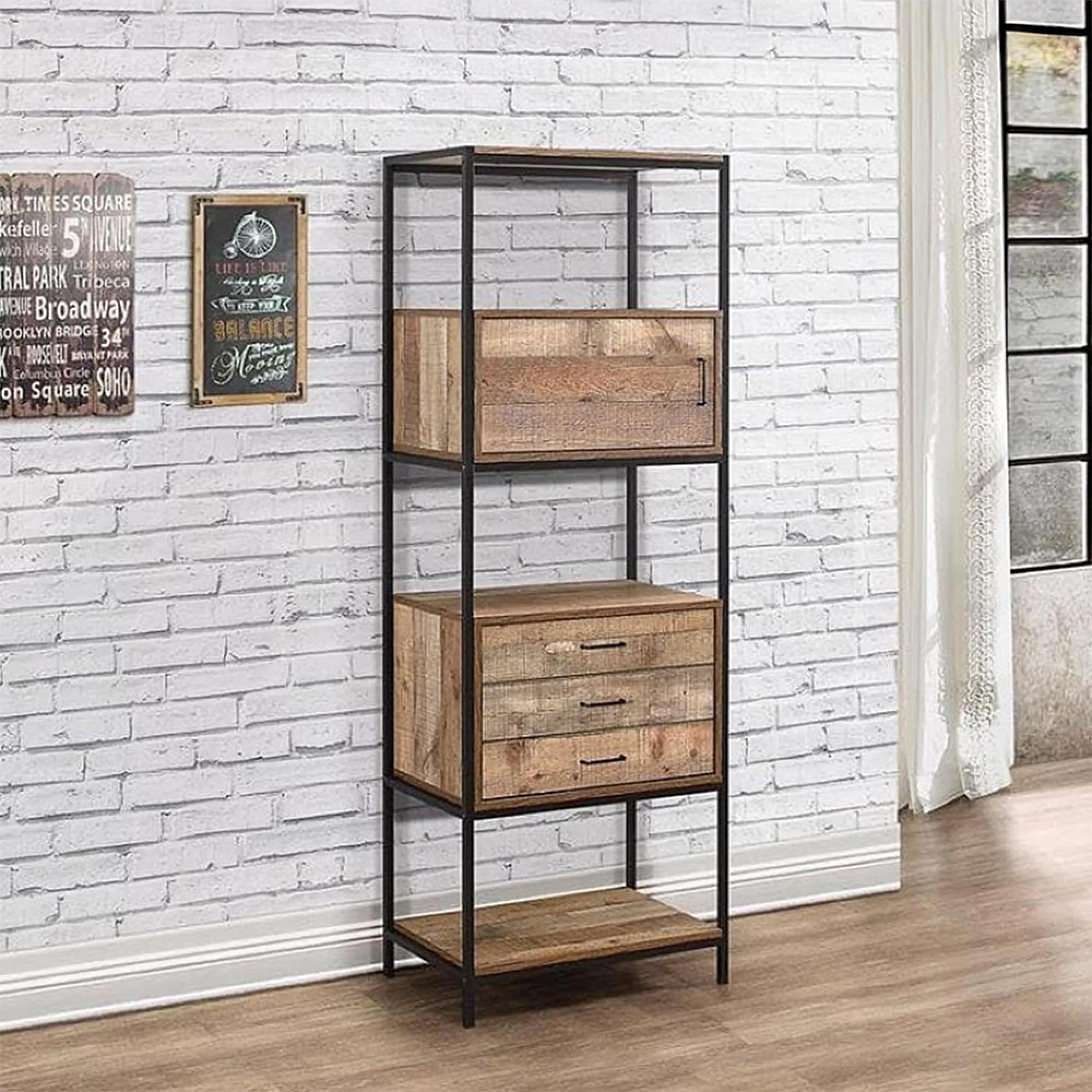 Urban Shelving Unit - Industrial Style - 1 Door 3 Drawer - Rustic Wood
