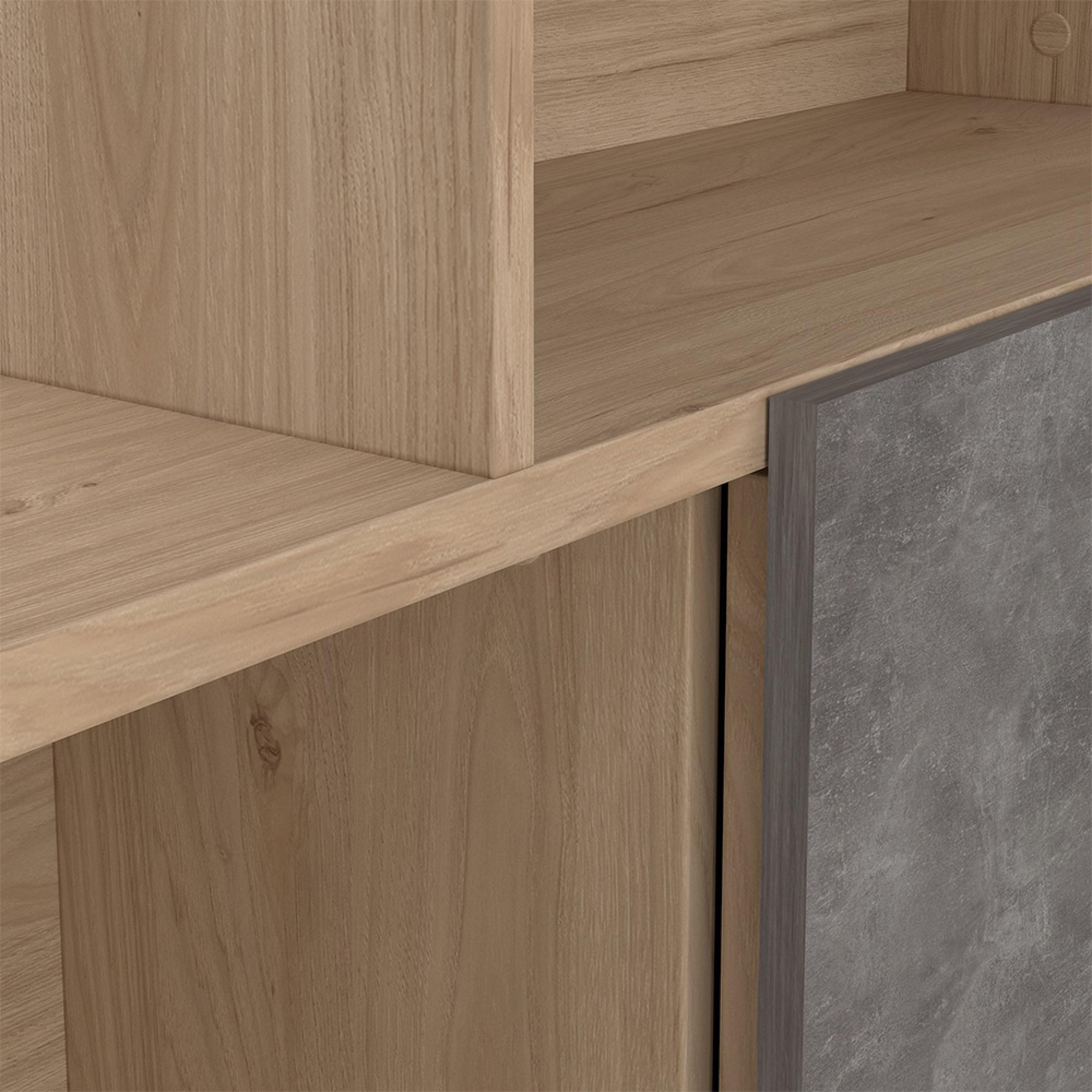 Maze Bookcase - Asymmetrical Design - 3 Sliding Door - Oak and Concrete