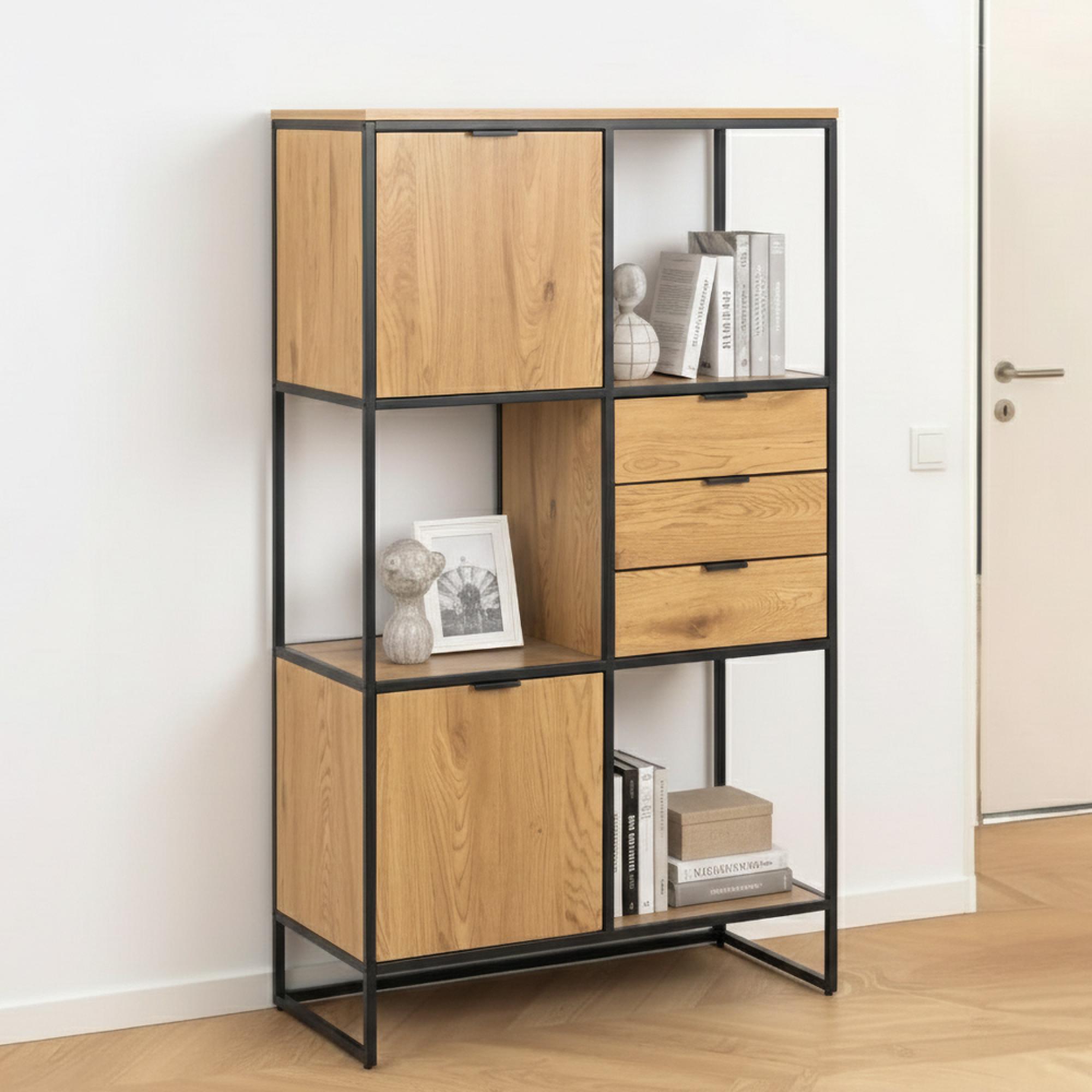 Swindon Storage Bookcase - Oak and Black Metal