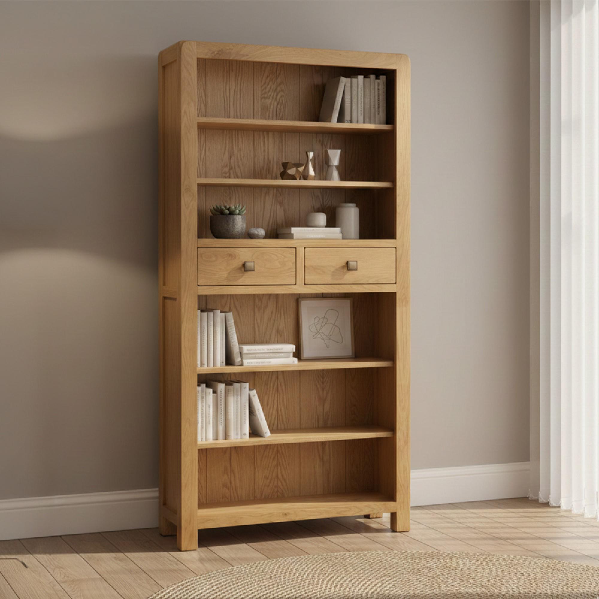 Curve Bookcase - 2 Drawer Tall - Oak
