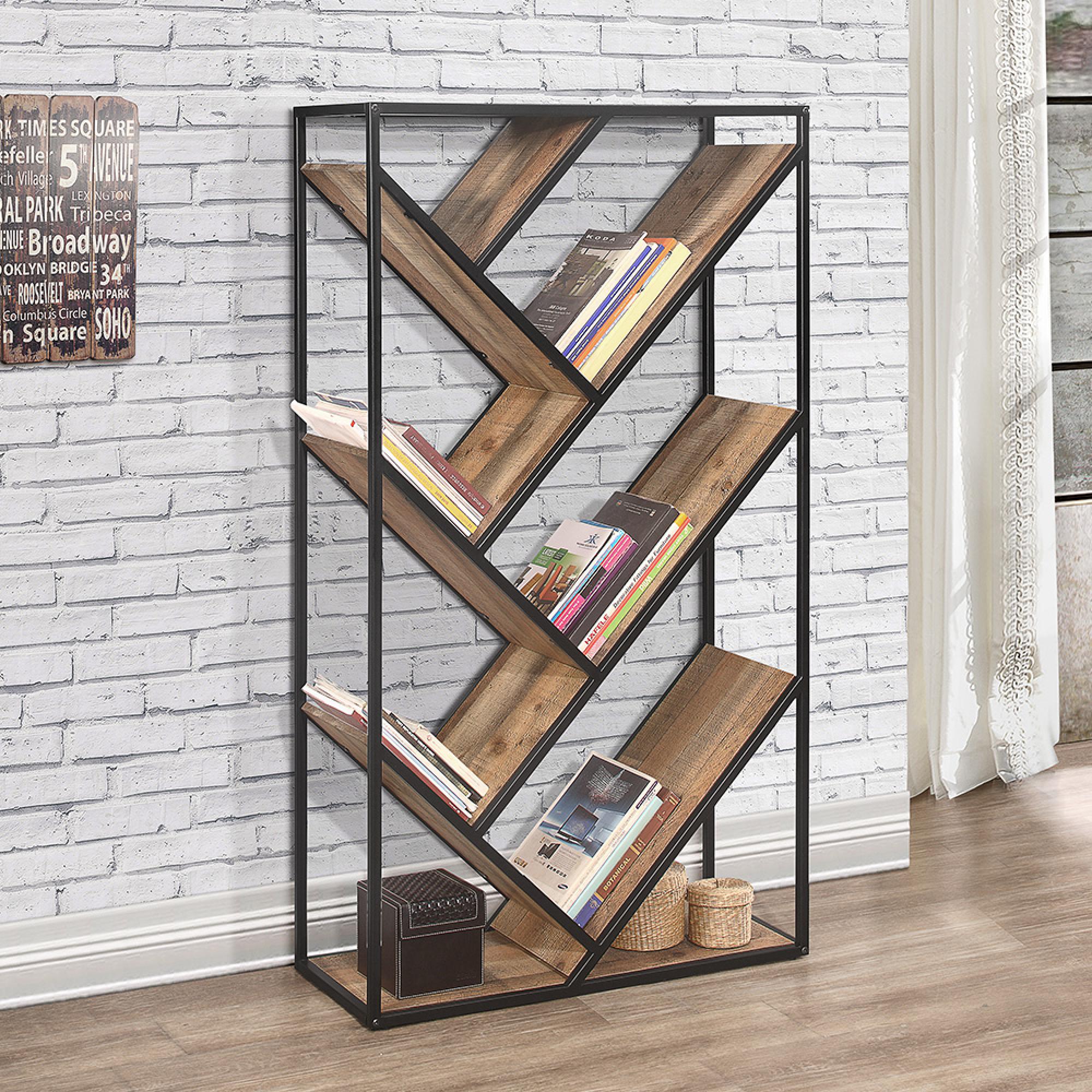 Urban Diagonal Bookcase - Industrial Style - Rustic Wood