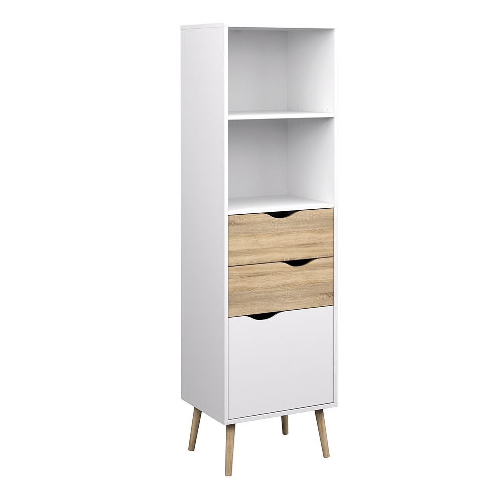 Oslo Bookcase - 1 Door - 2 Drawer - Narrow - White and Oak