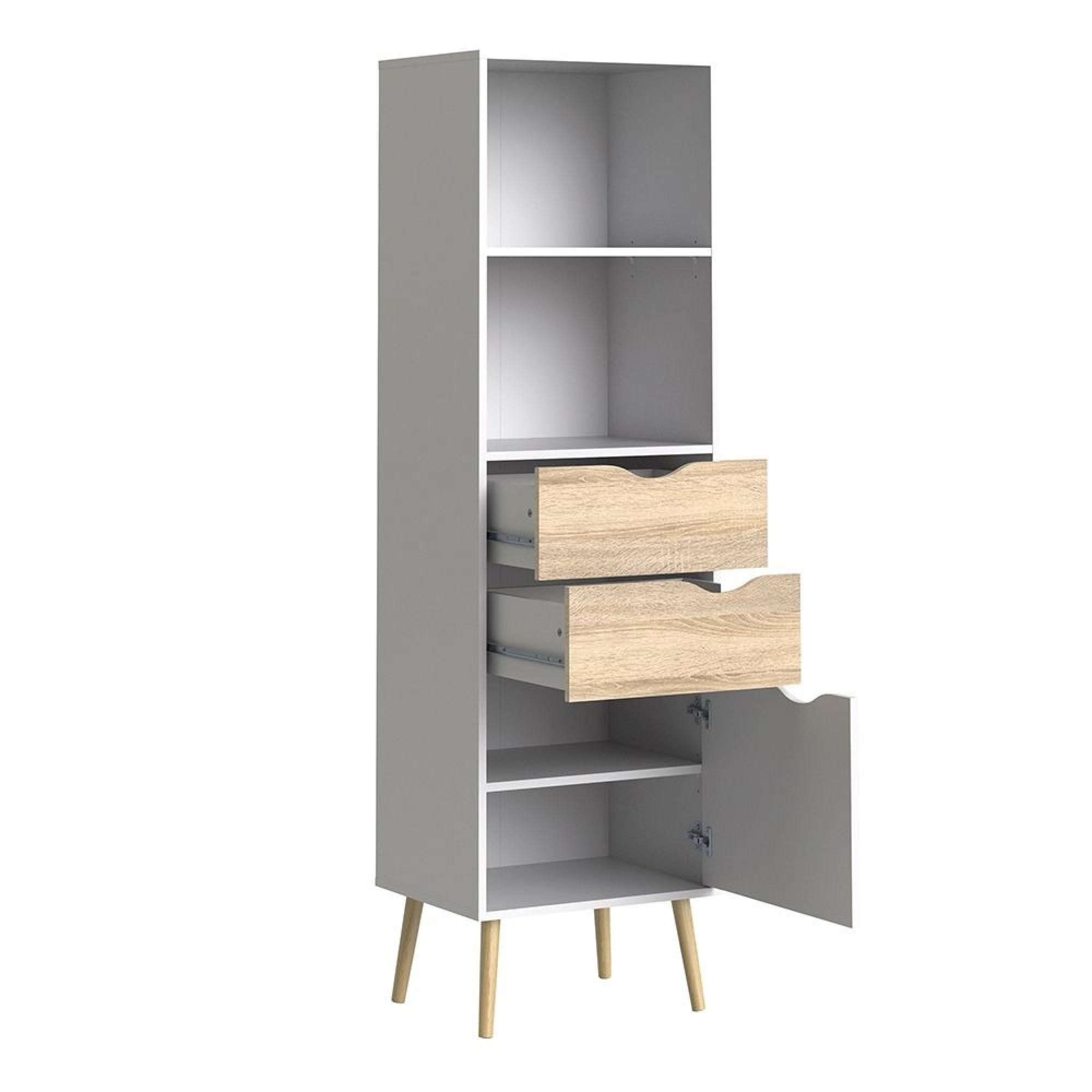 Oslo Bookcase - 1 Door - 2 Drawer - Narrow - White and Oak