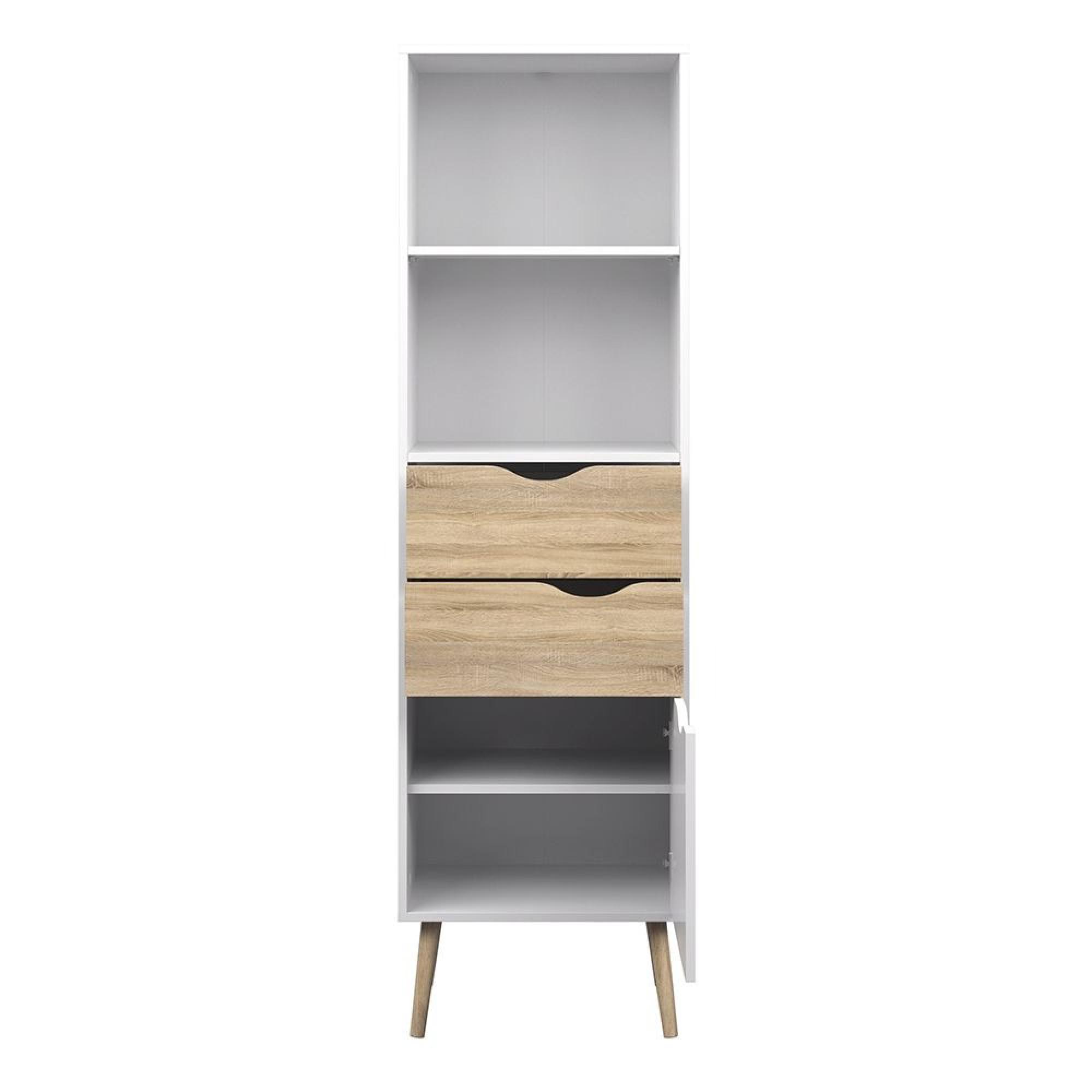 Oslo Bookcase - 1 Door - 2 Drawer - Narrow - White and Oak