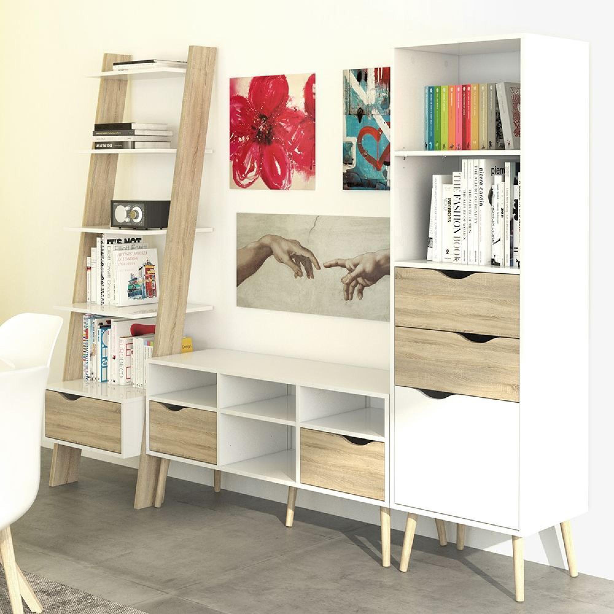 Oslo Bookcase - 1 Door - 2 Drawer - Narrow - White and Oak
