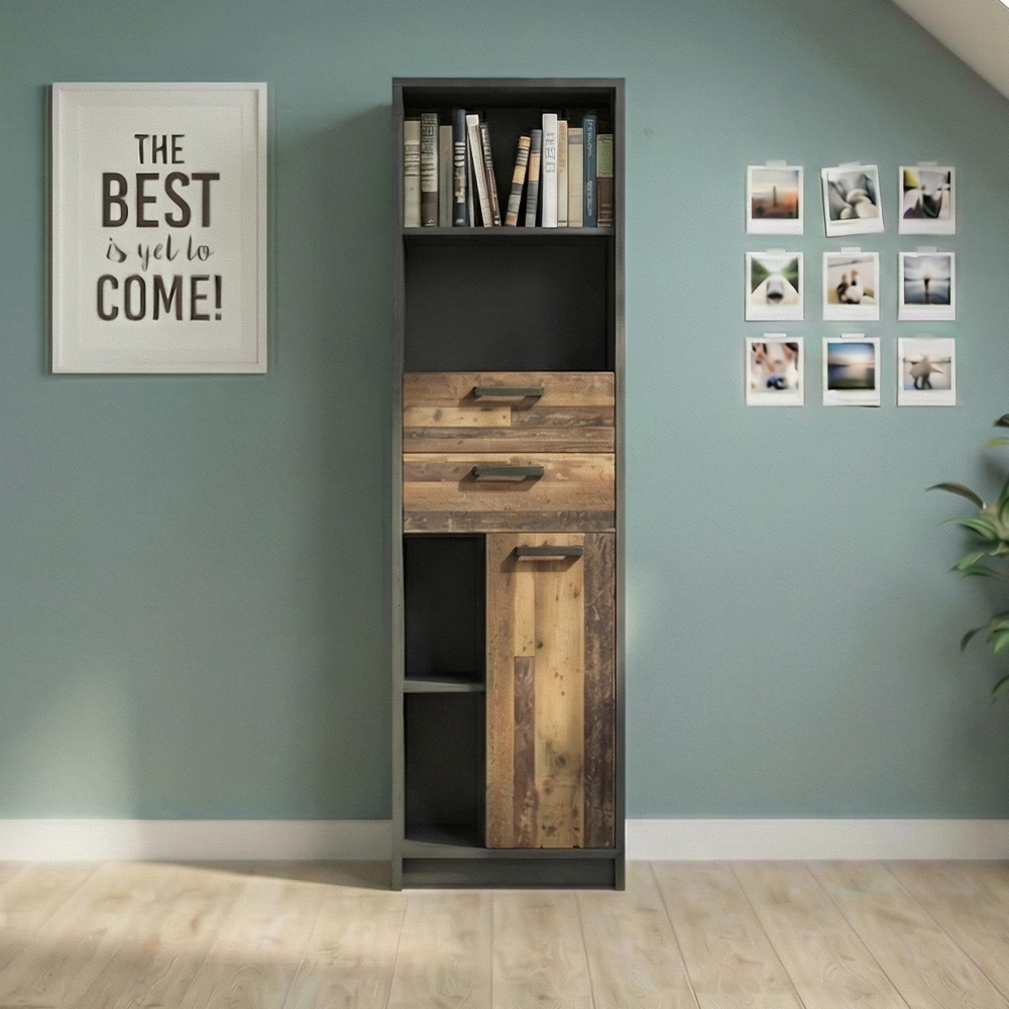 Brooklyn Bookcase - 1 Door - 2 Drawer - Narrow - Rustic