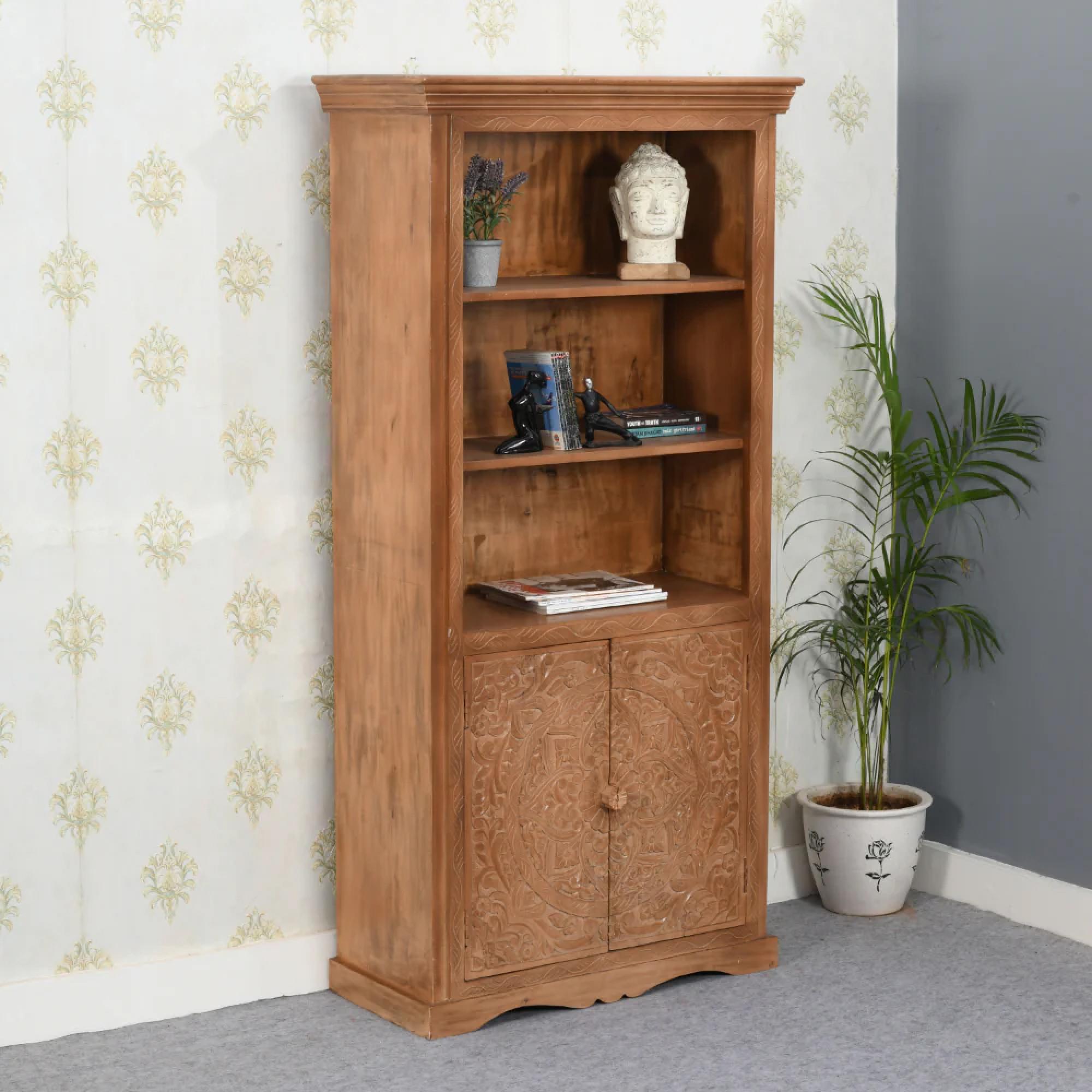 Artwork Carved Bookcase -2 Door - Mango Wood