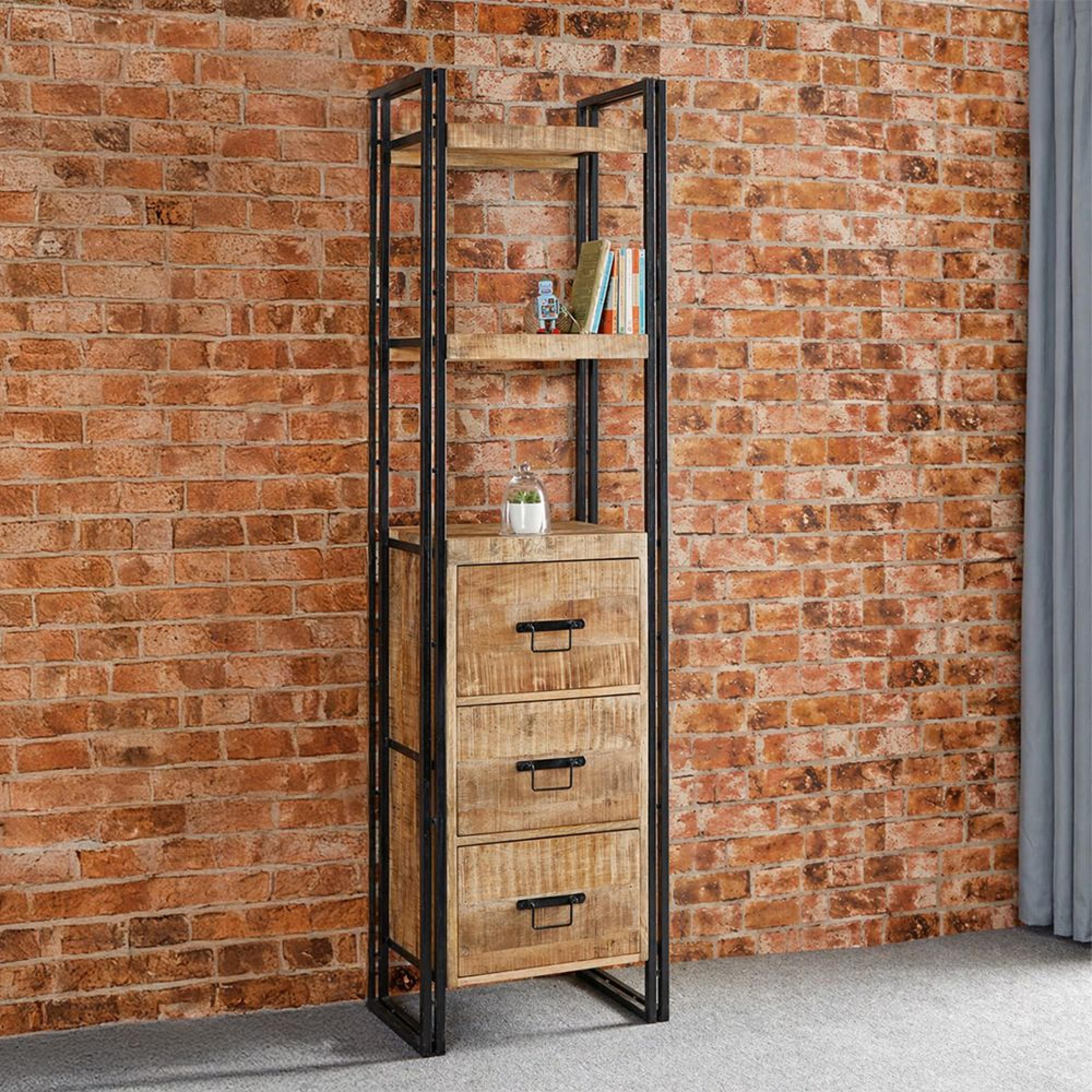 Cosmo Bookcase - 3 Drawer - Narrow - Industrial Style - Wooden and Metal