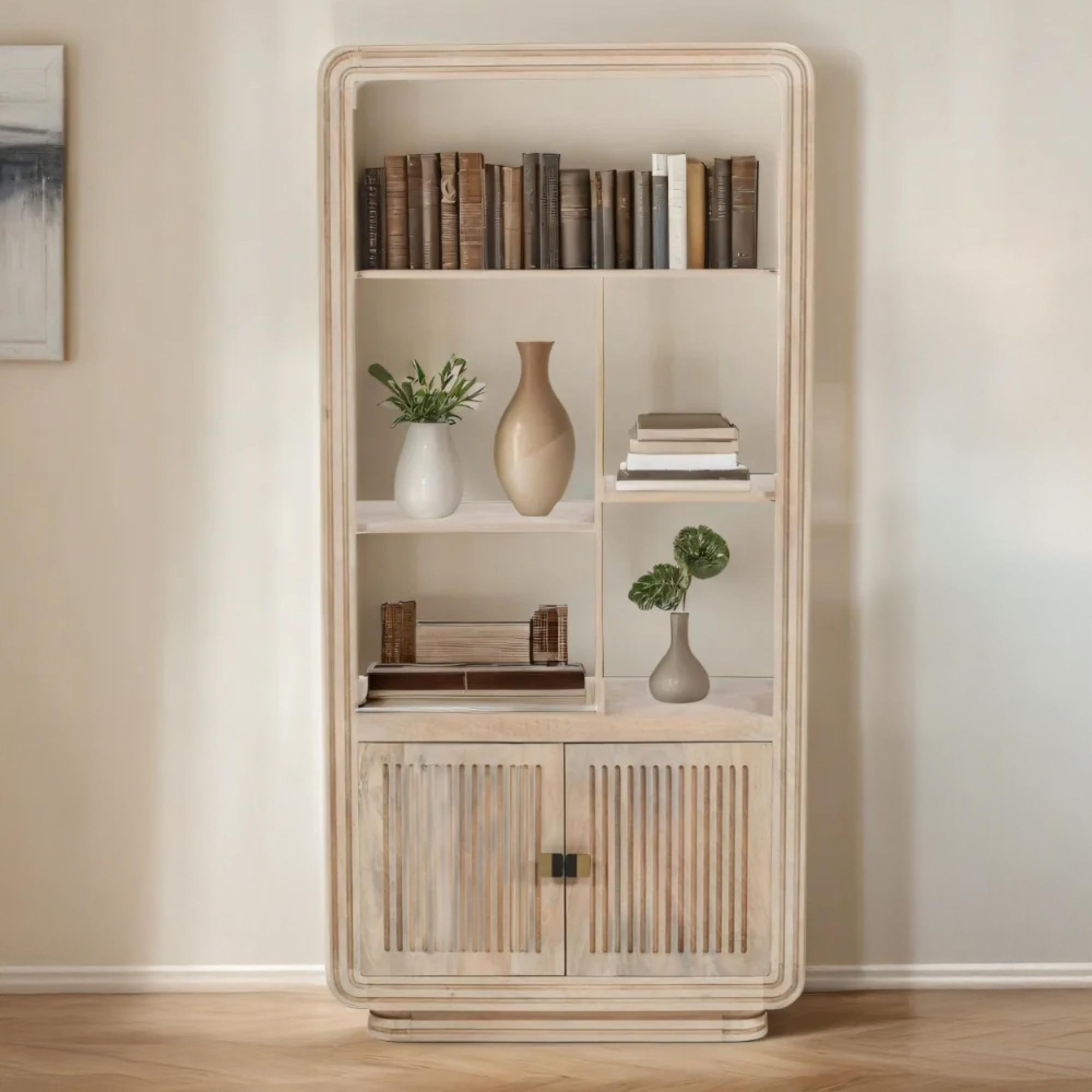 Hudson Bookcase - with Cupboard - Ribbed Carved - Mango Wood