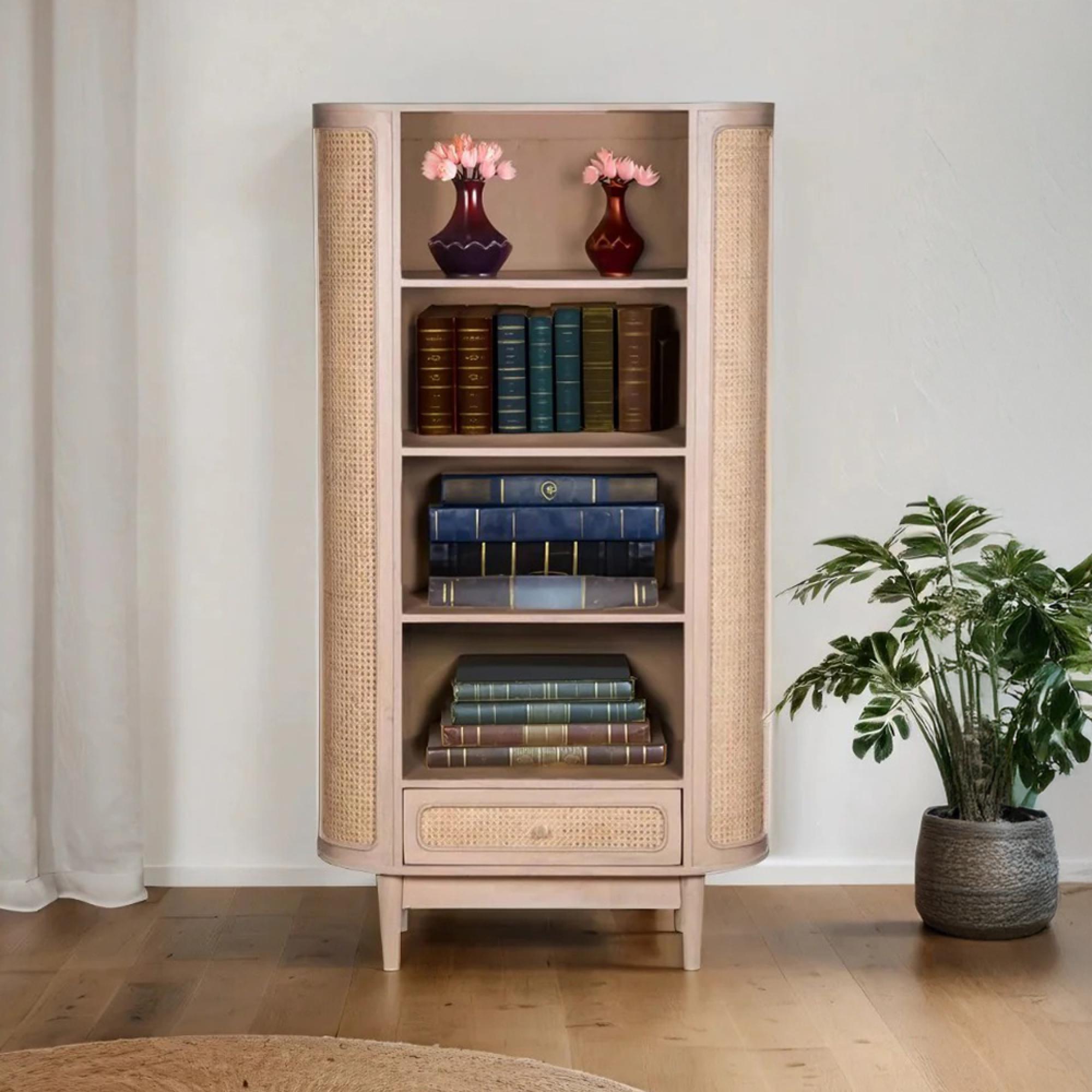 Valencia Bookcase - 1 Drawer - Curved - Natural Rattan and Mango Wood