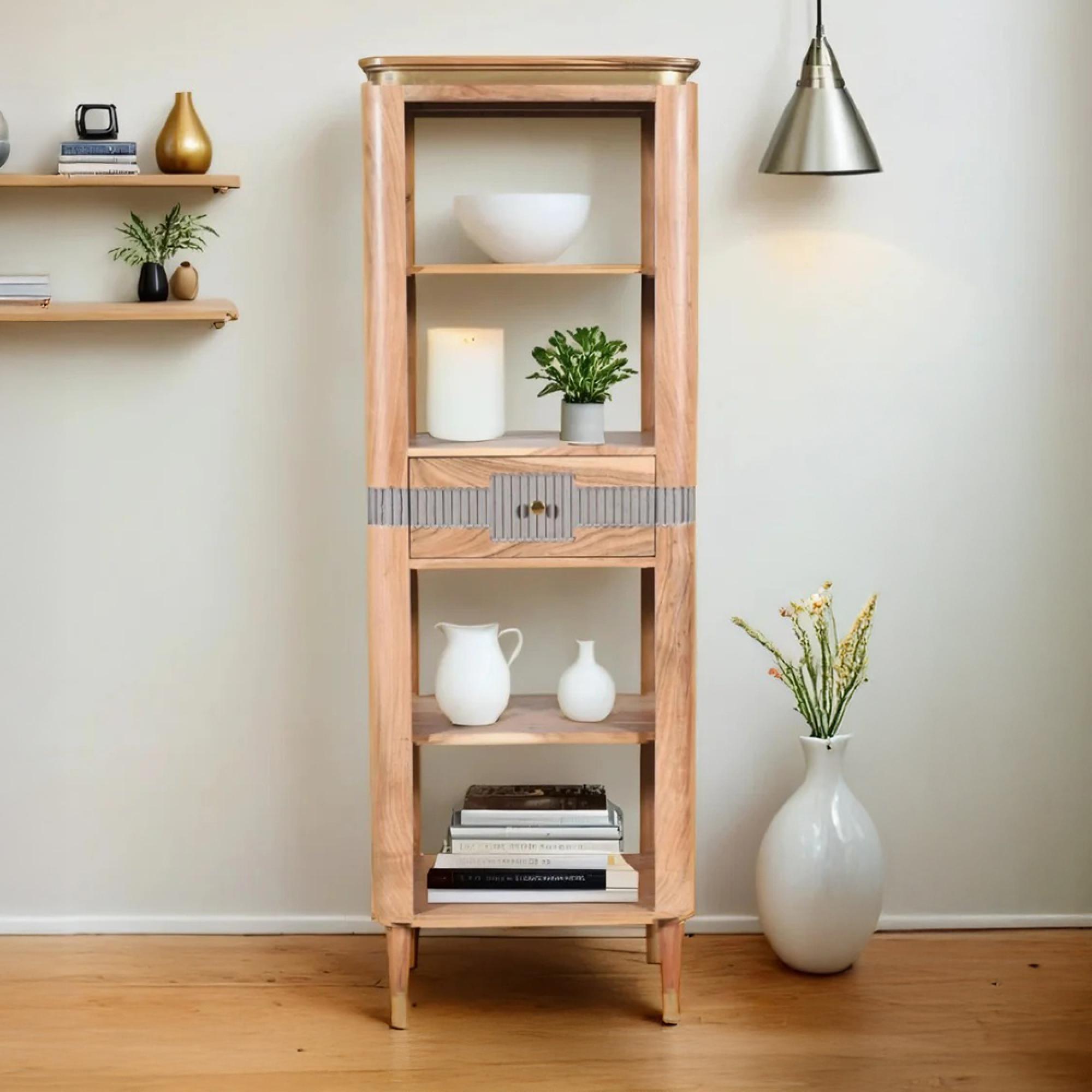Wilton Bookcase - 1 Drawer - Slim - Open - Ribbed - Gold Trim - Acacia Wood