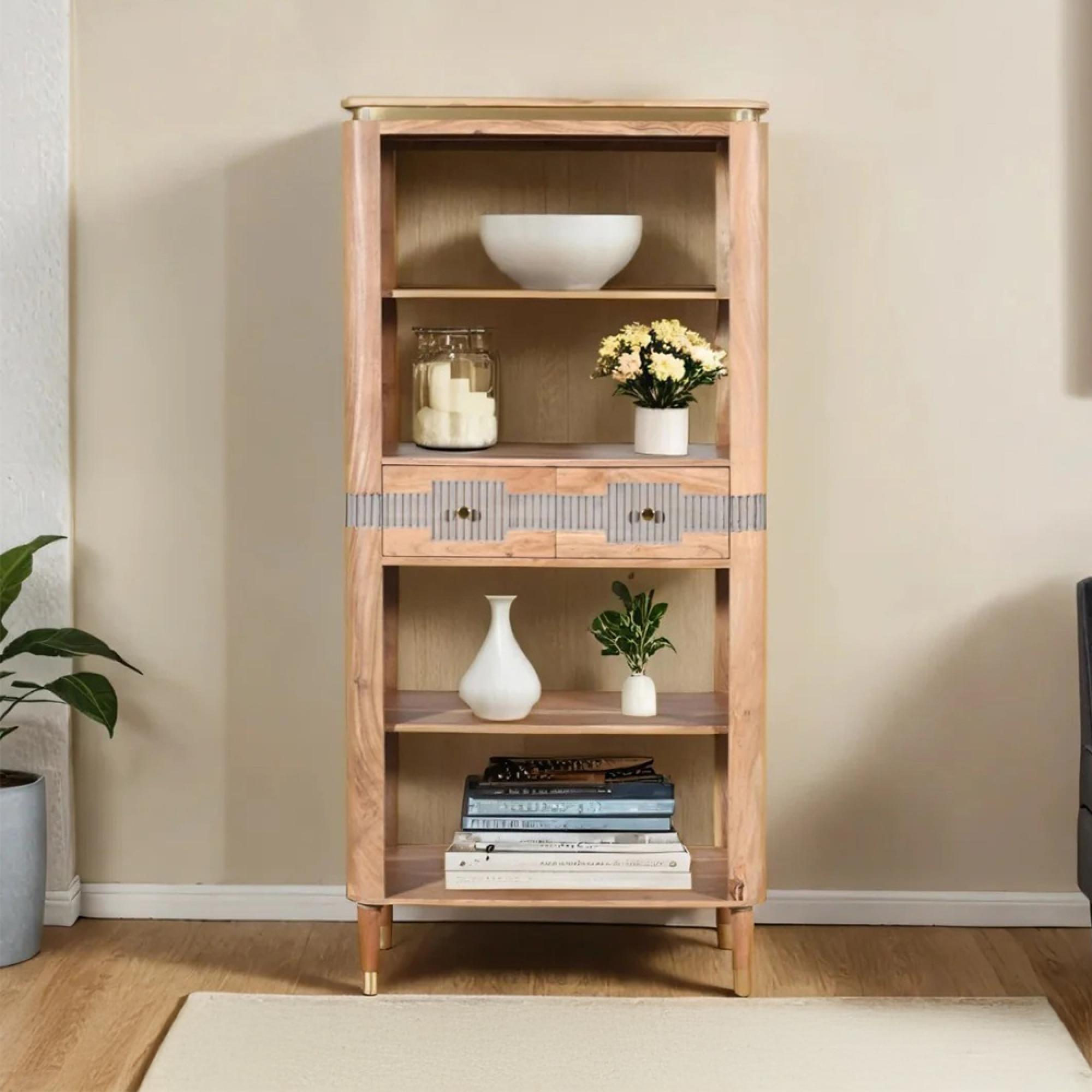 Wilton Bookcase - 2 Drawer - Large - Open - Ribbed - Gold Trim - Acacia Wood