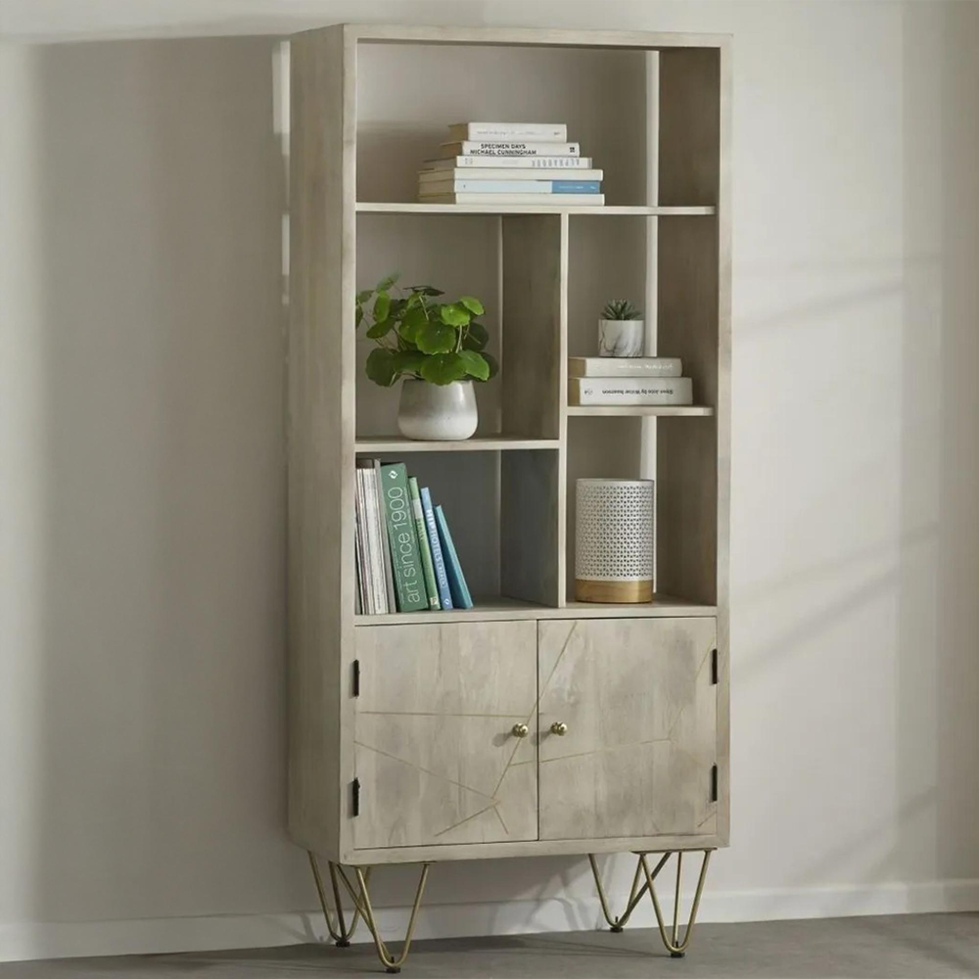 Bookcase - with Cupboard - Hairpin Legs - Gold Geometric Inlay - Light Mango Wood