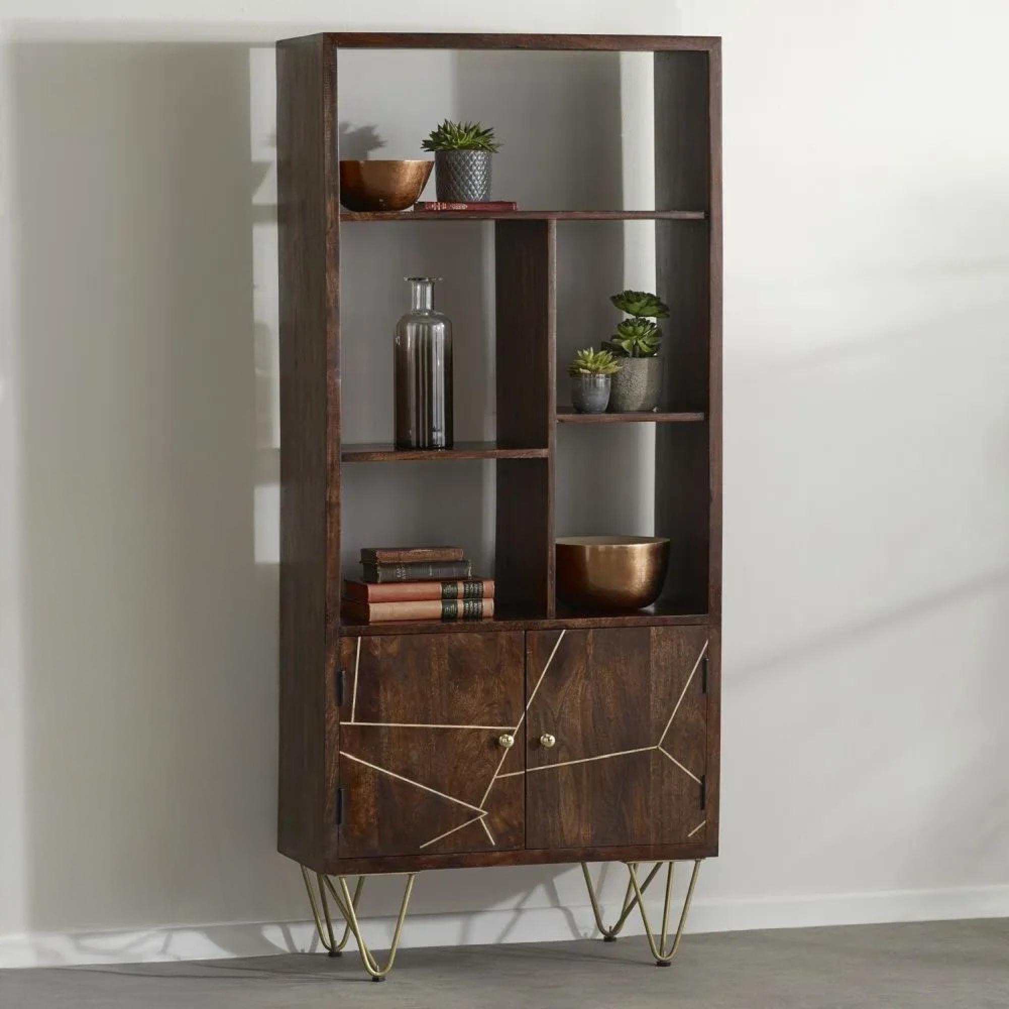 Bookcase - with Cupboard - Hairpin Legs - Gold Geometric Inlay - Dark Mango Wood