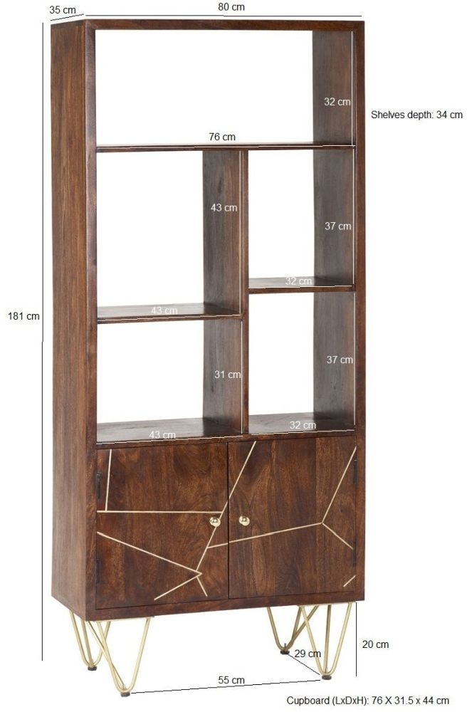 Kaza Dark Mango Wood Bookcase - Hairpin Legs with Gold Geometric Inlay