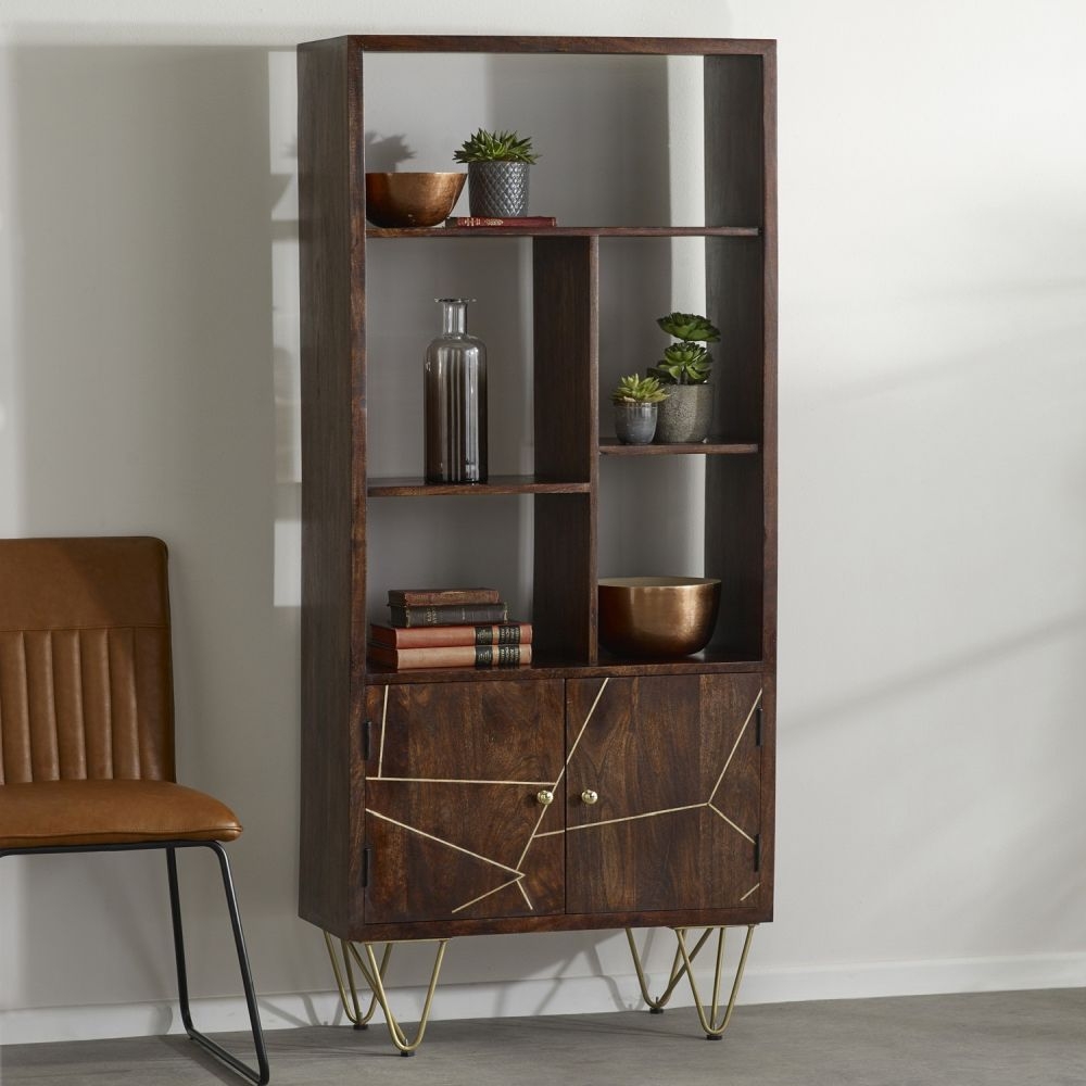 Kaza Dark Mango Wood Bookcase - Hairpin Legs with Gold Geometric Inlay