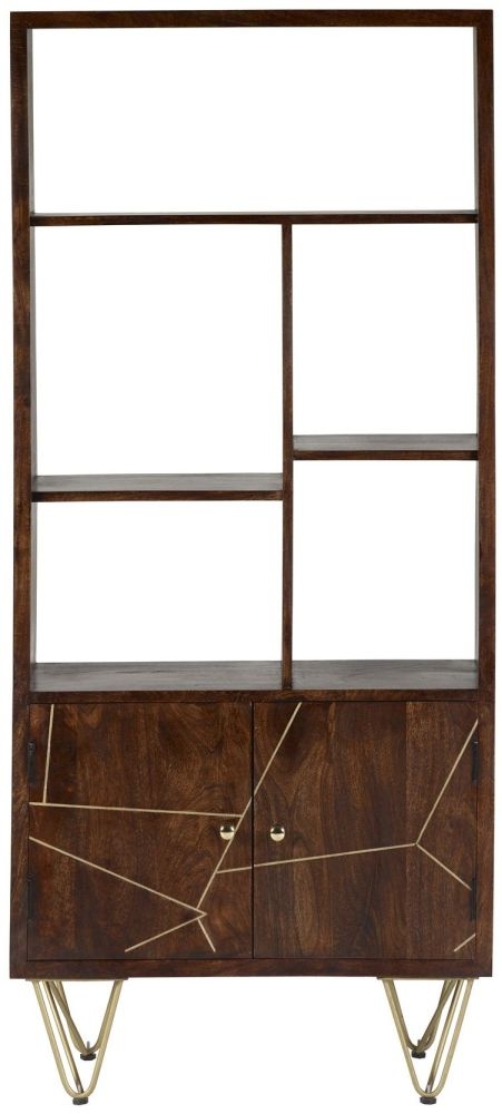 Kaza Dark Mango Wood Bookcase - Hairpin Legs with Gold Geometric Inlay