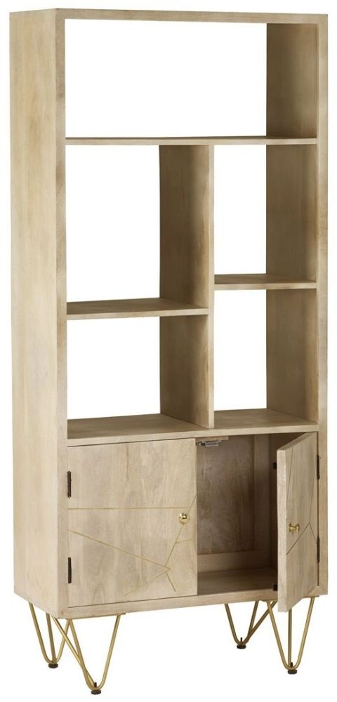 Kaza Light Mango Wood Bookcase - Hairpin Legs with Gold Geomatric Inlay