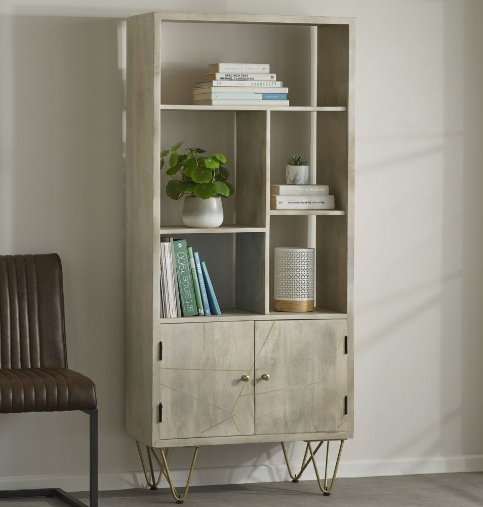 Kaza Light Mango Wood Bookcase - Hairpin Legs with Gold Geomatric Inlay