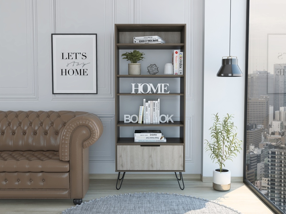 Nevada Bookcase - Grey Oak - Hairpin Legs