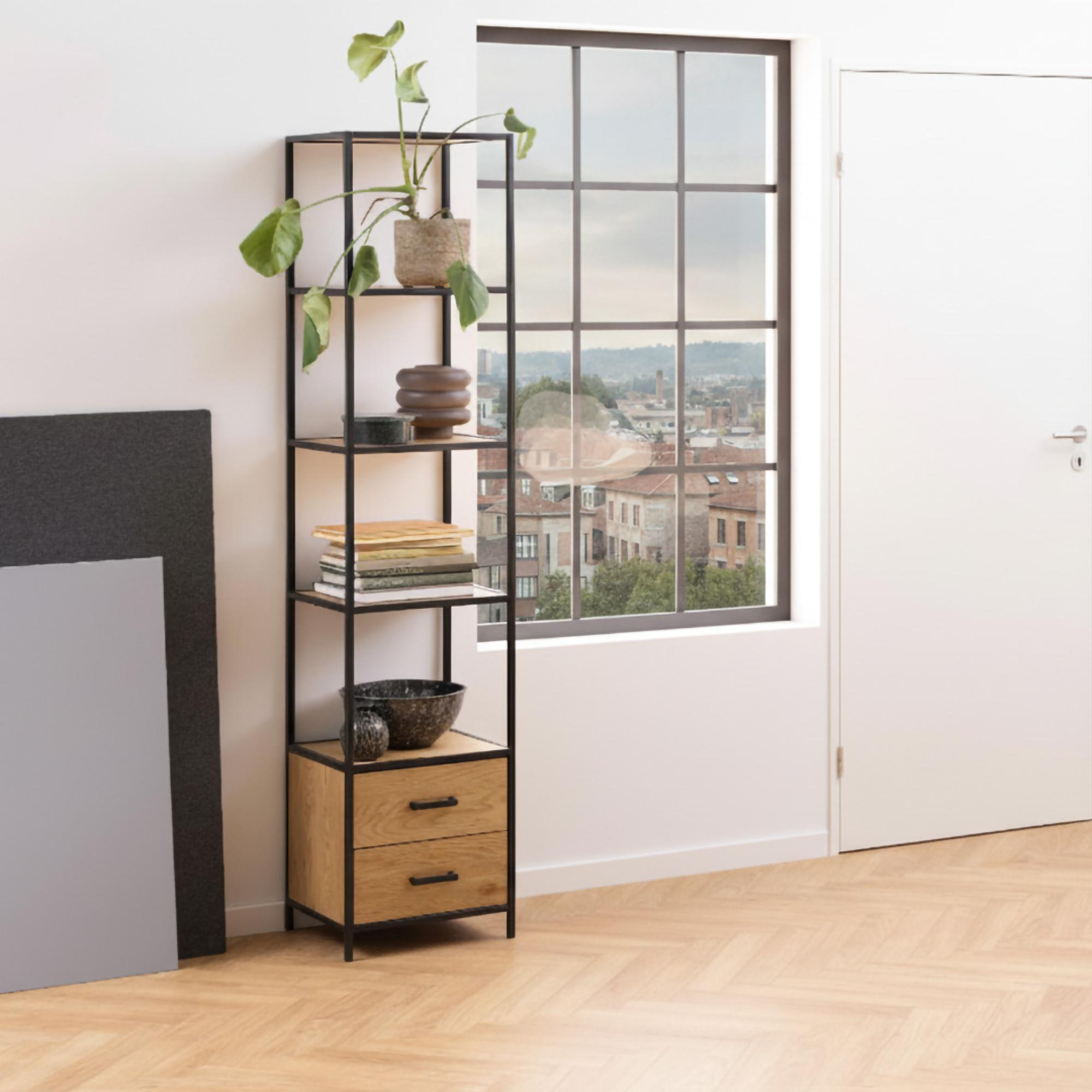 Seaford Display Cabinet - 2 Door - Oak and Black Metal