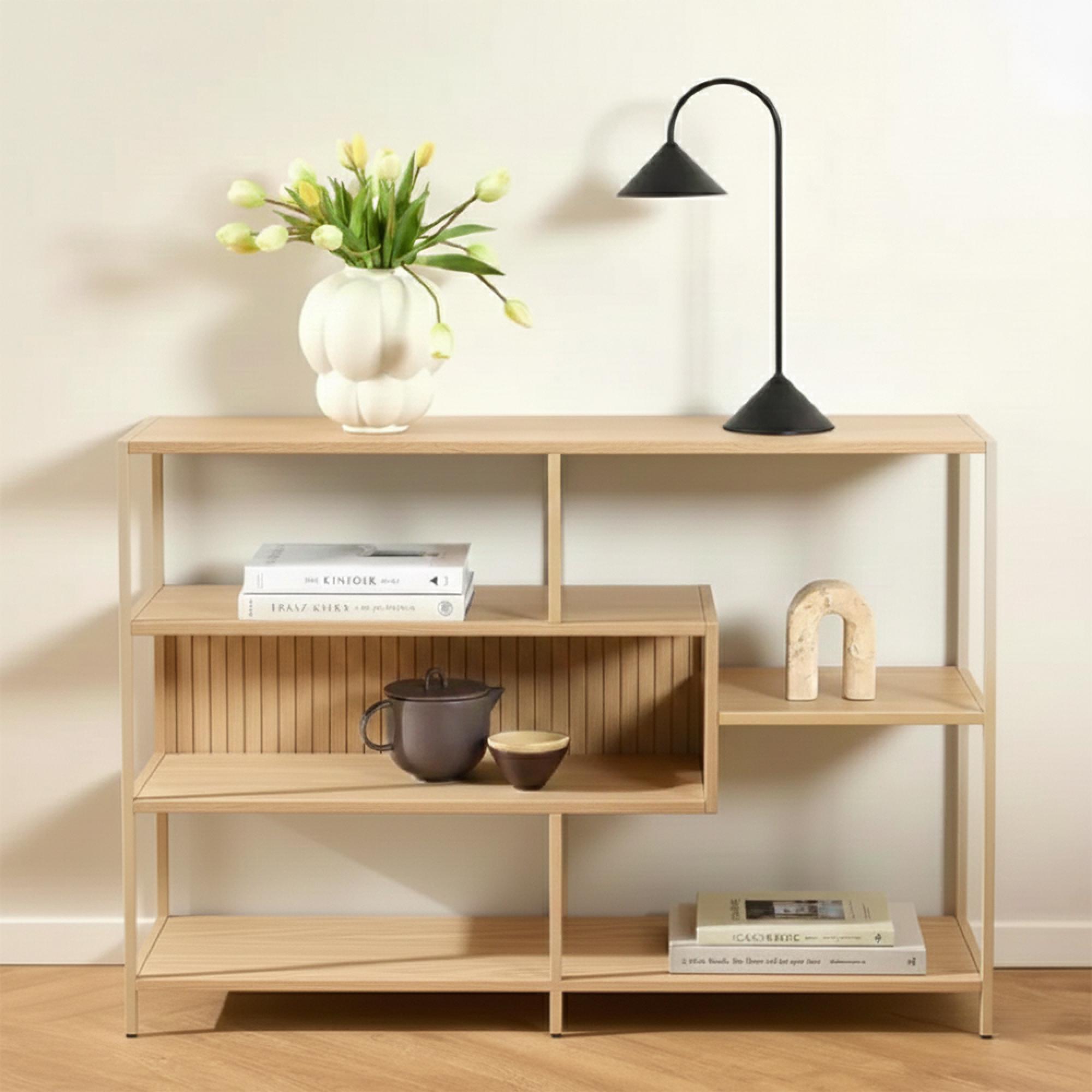 Seaford Shelving Unit - Low - Slatted - Oak and Grey Metal