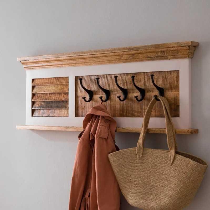 Coastal White and Wood Wall Coat Hook Hanger