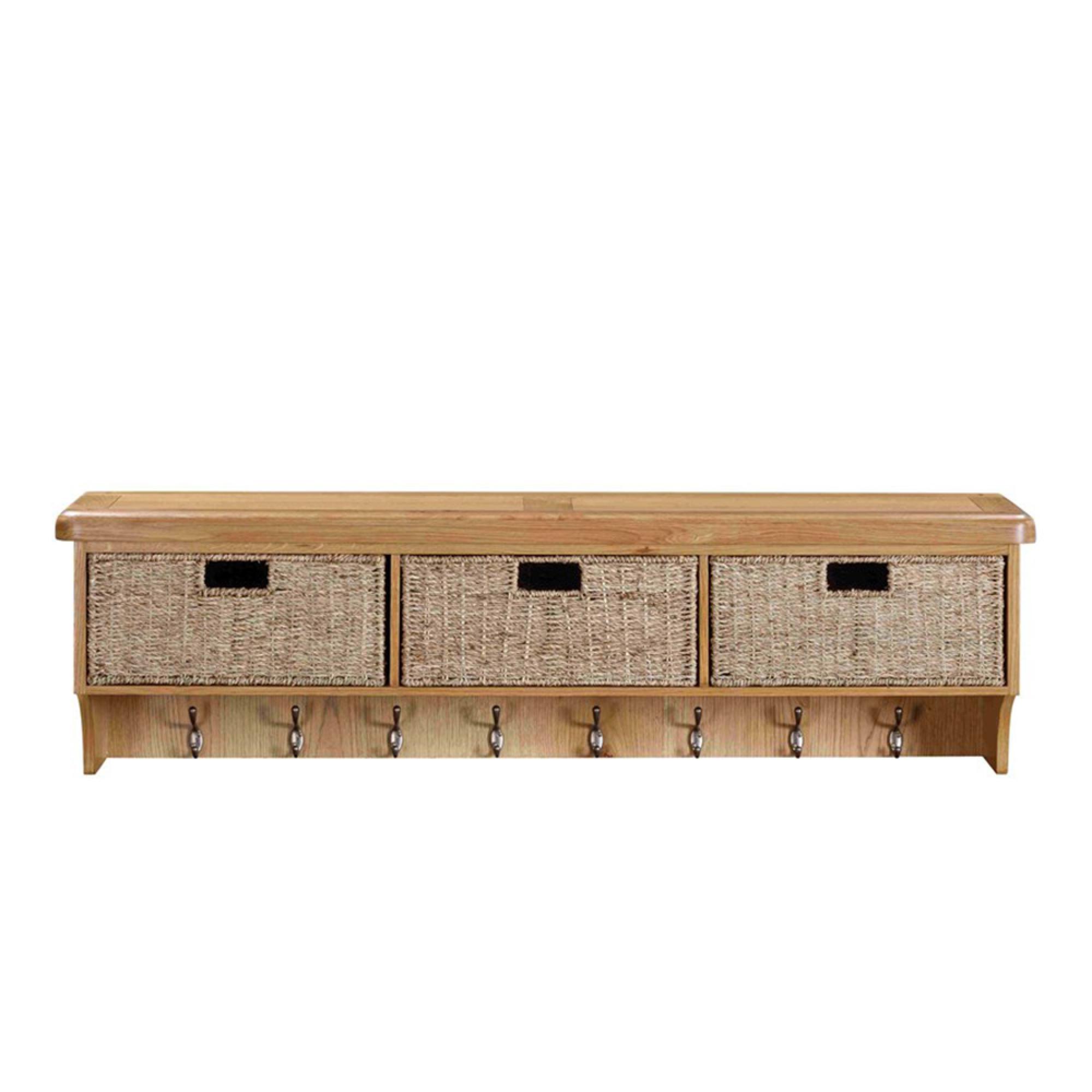 Janelle Wall Shelf - with Hooks and Baskets - Rustic Oak