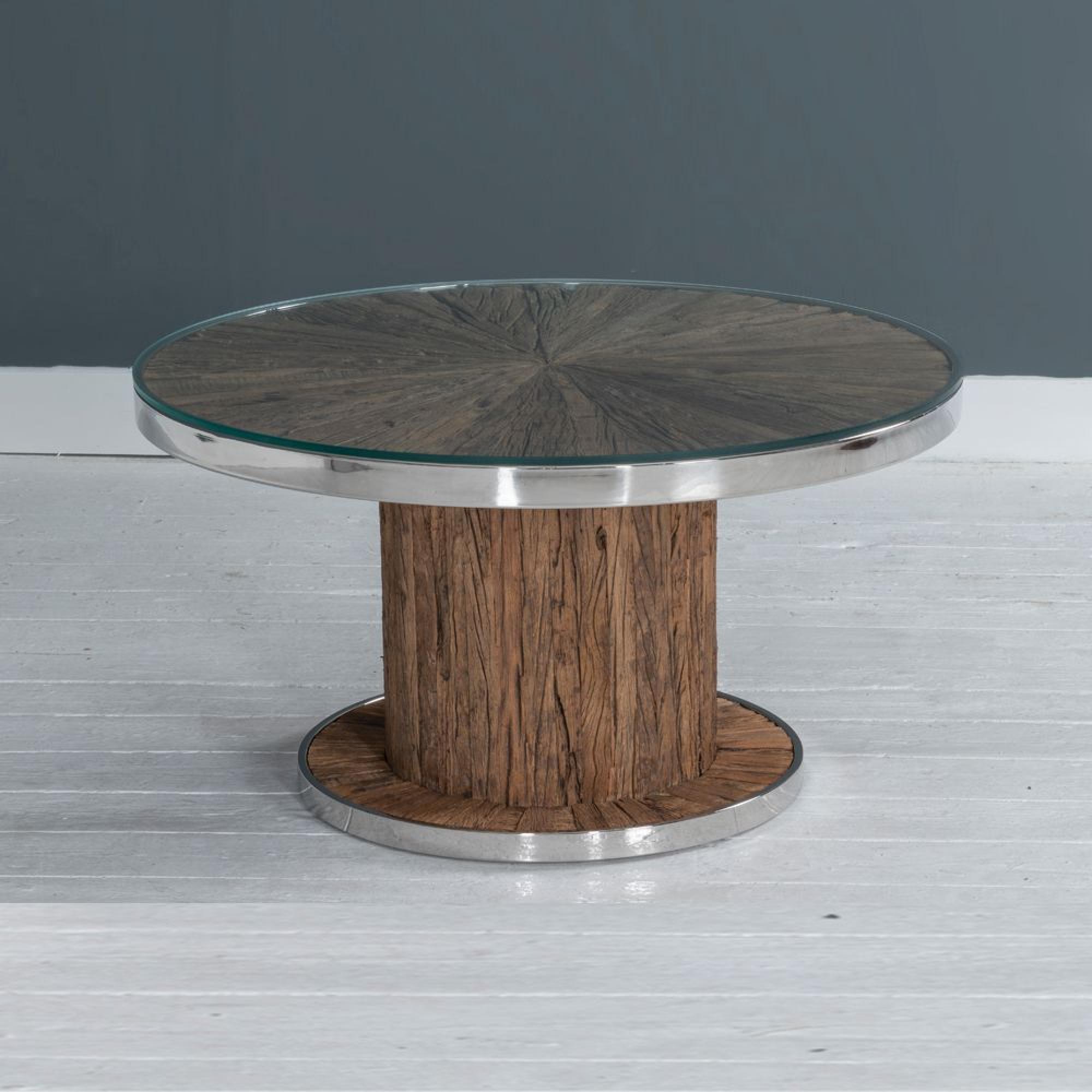 Clearance - Railway Sleeper Coffee Table - Round - Glass Top - Reclaimed Wood