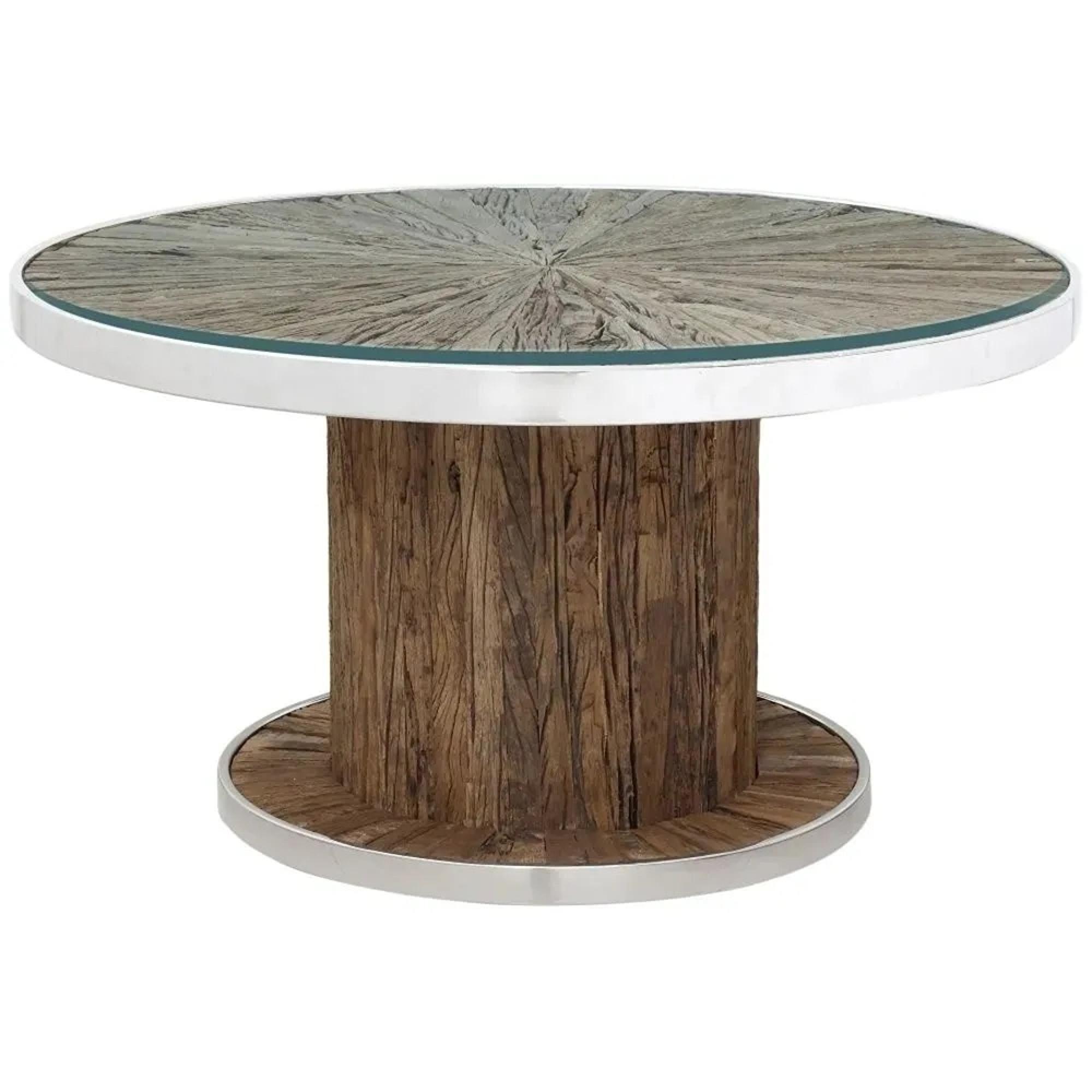 Clearance - Railway Sleeper Coffee Table - Round - Glass Top - Reclaimed Wood