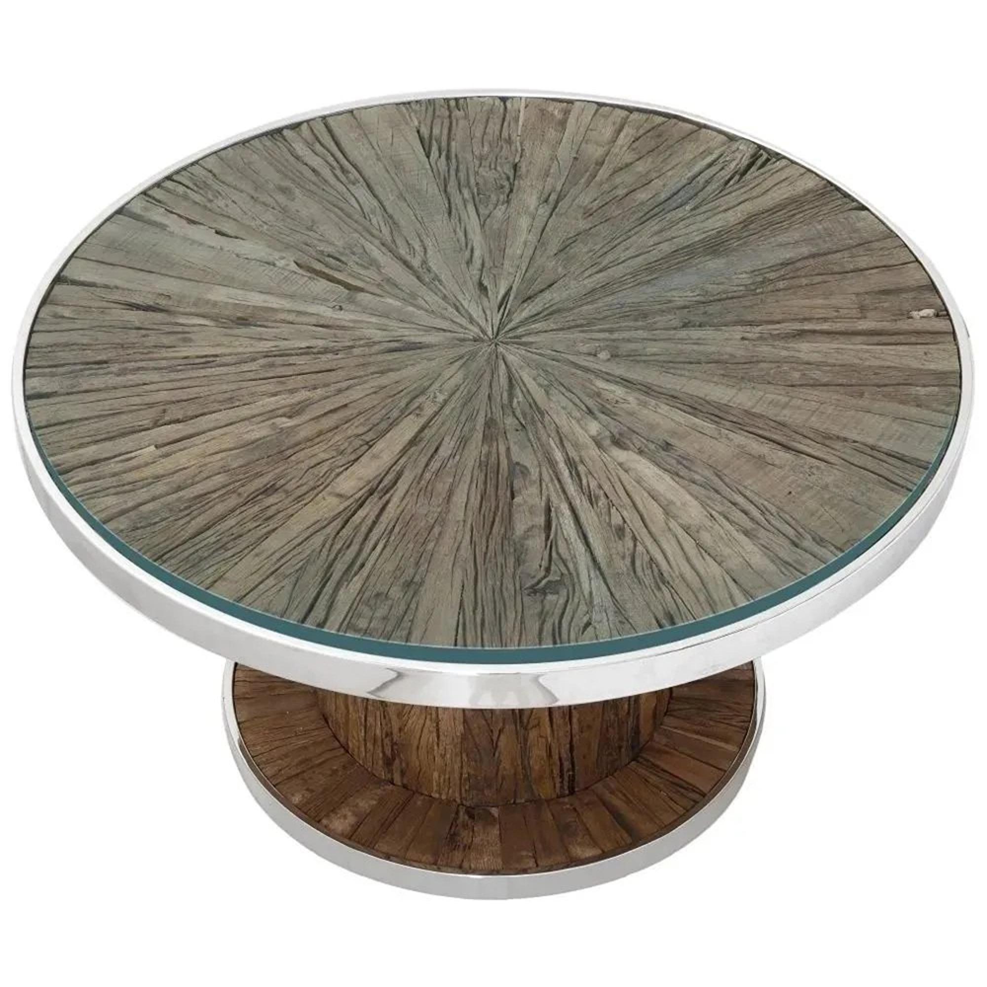 Clearance - Railway Sleeper Coffee Table - Round - Glass Top - Reclaimed Wood