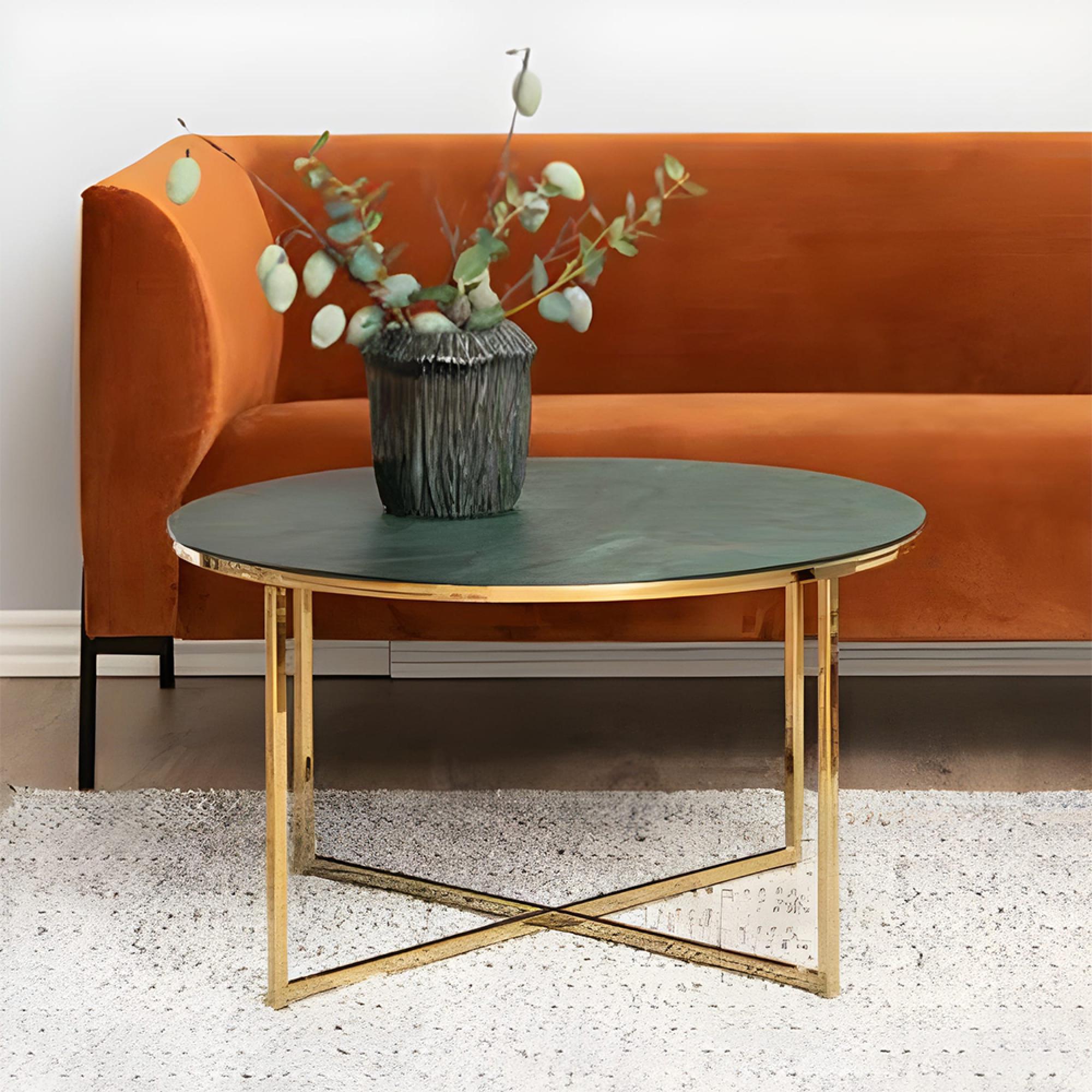 Alisma Green Marble and Gold Metal Round Coffee Table
