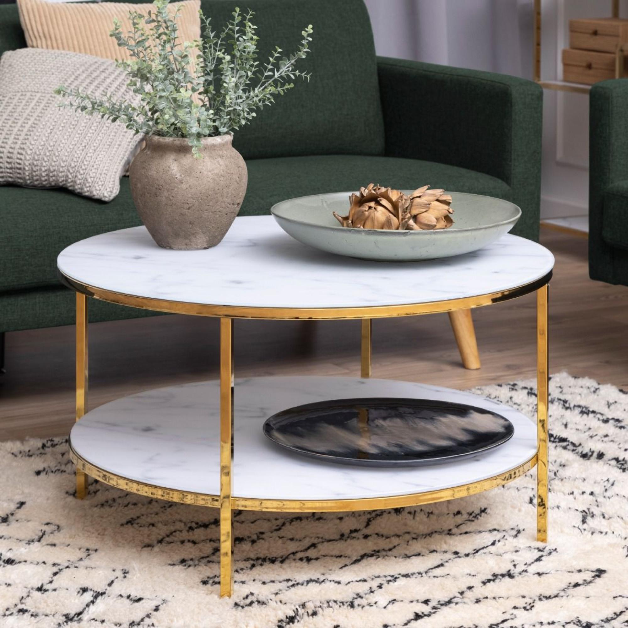 Alisma White Marble Effect Round Coffee Table with Shelf