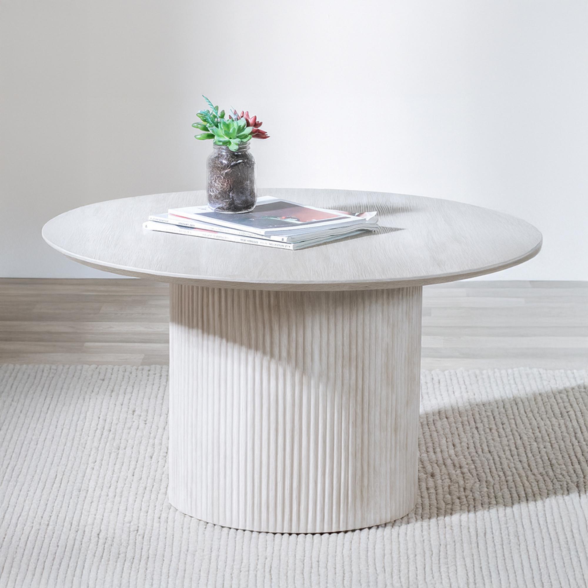 Bern Round Coffee Table - White Washed Oak - Fluted - Drum Base