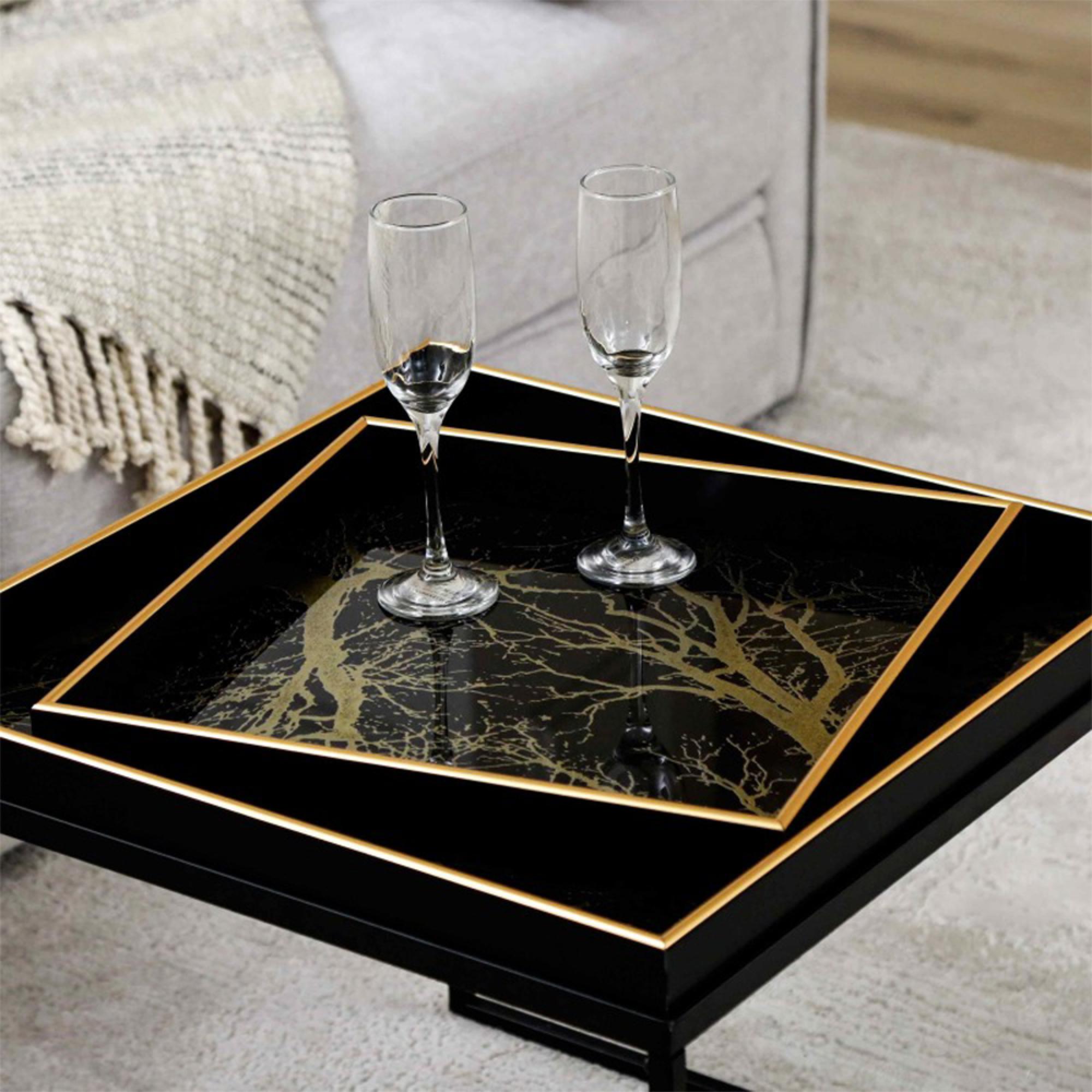 Coffee Table - Square - Black and Gold Metal with Tray