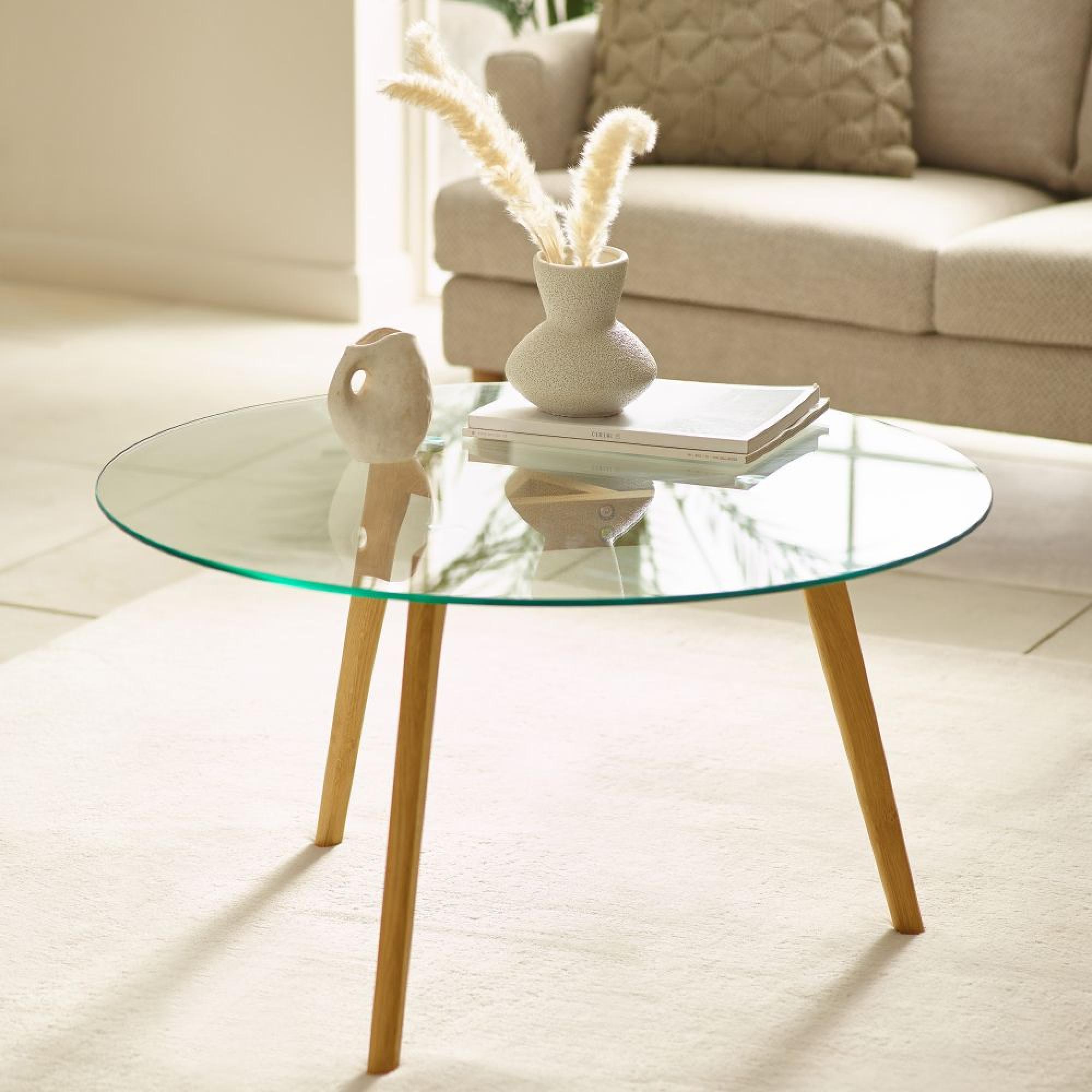 Bryant Coffee Table - 80cm - Round - Clear Glass with Oak Legs