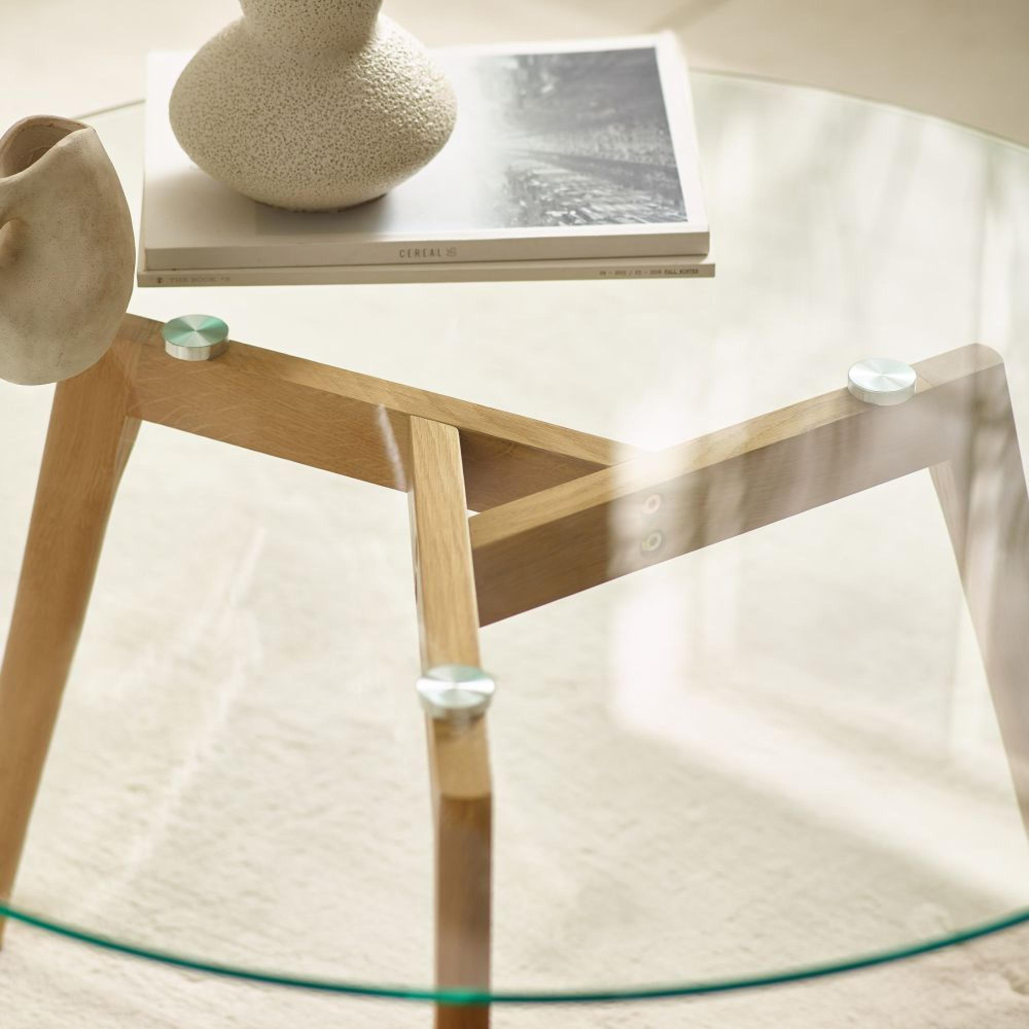 Bryant Coffee Table - 80cm - Round - Clear Glass with Oak Legs