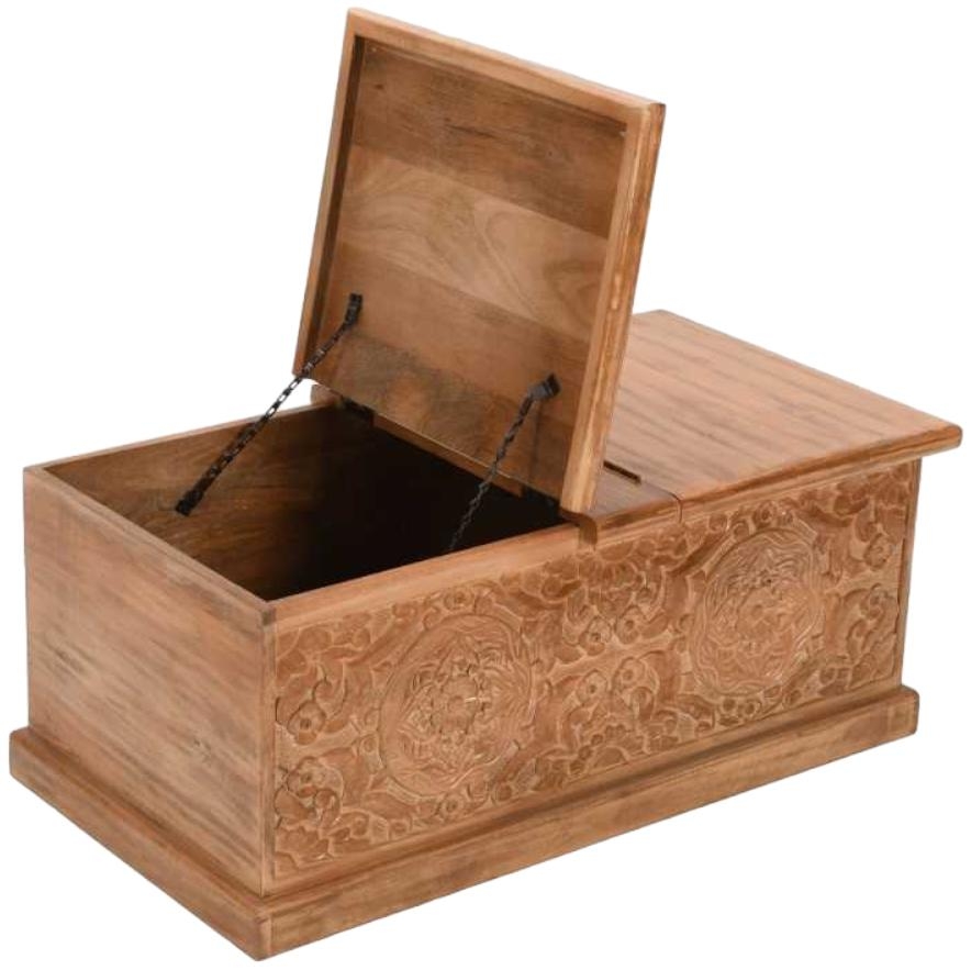 Carved Mango Wood Trunk Box Coffee Table