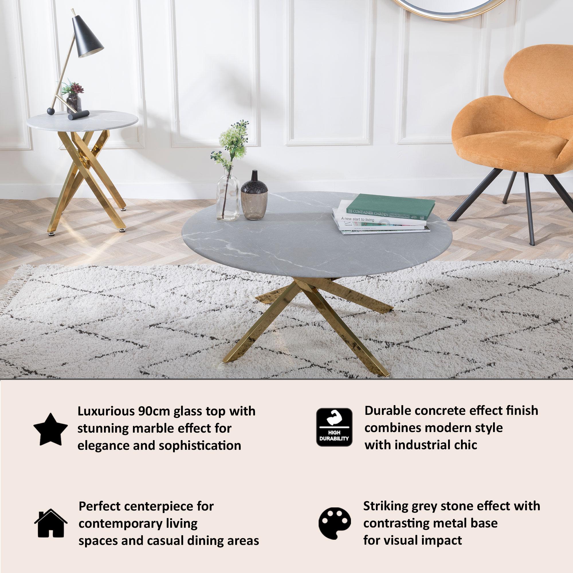 Clearance - Chopstick Coffee Table - Round - Grey Glass - Gold Metal Legs