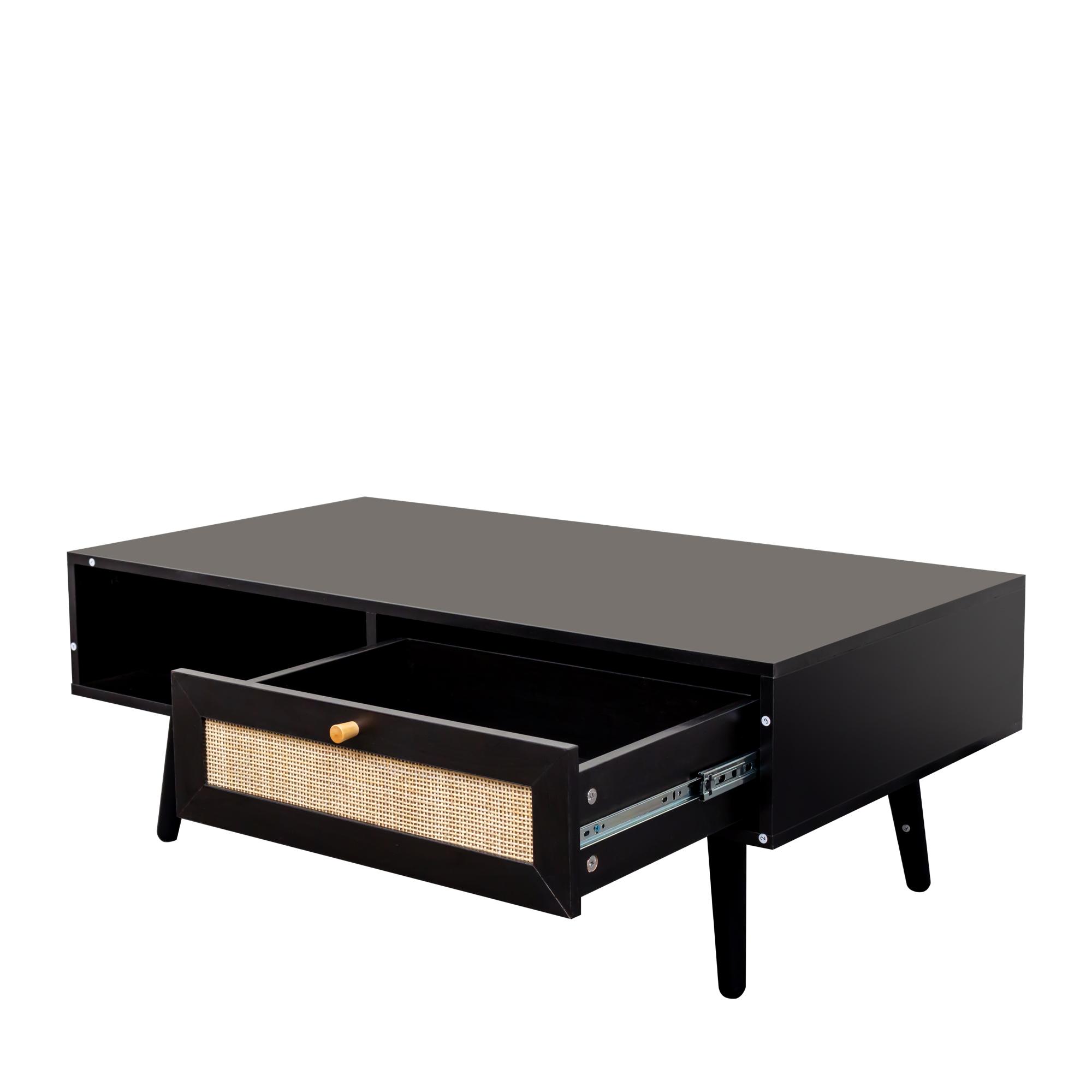 Clearance - Ferrero Coffee Table - 1 Drawer - Black and Woven Rattan