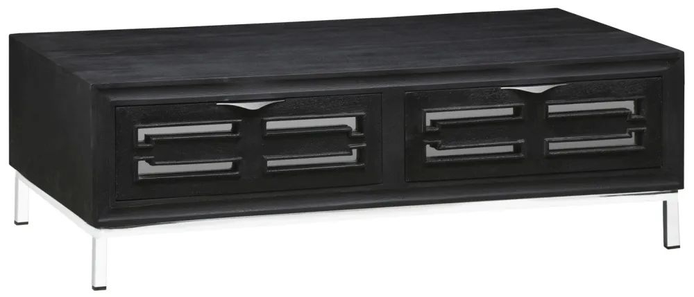 Clearance - Geo Storage Coffee Table - 2 Drawer - Black Painted Mirrored - Chrome Base