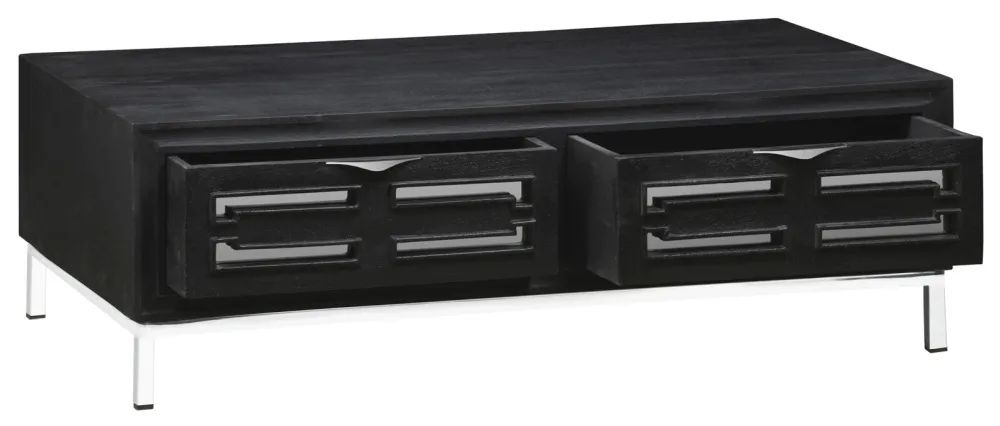 Clearance - Geo Storage Coffee Table - 2 Drawer - Black Painted Mirrored - Chrome Base