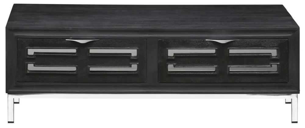 Clearance - Geo Black Painted Mirrored Storage Coffee Table, Solid Mango Wood with Stainless Steel Chrome Base - 2 Drawers - Brand New Item