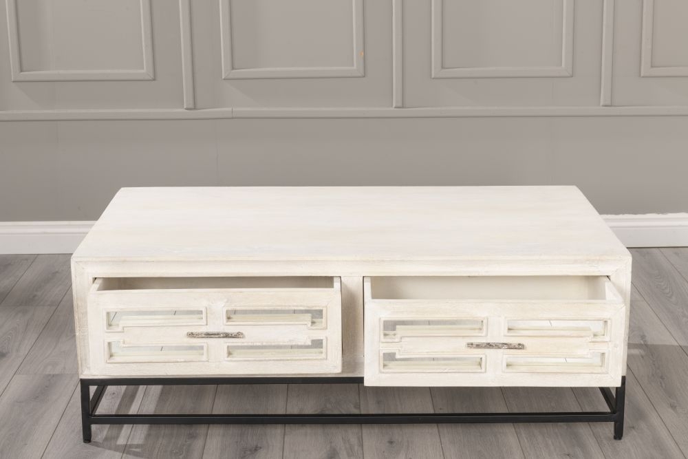 Clearance - Geo Coffee Table - 2 Drawer - White Mirrored