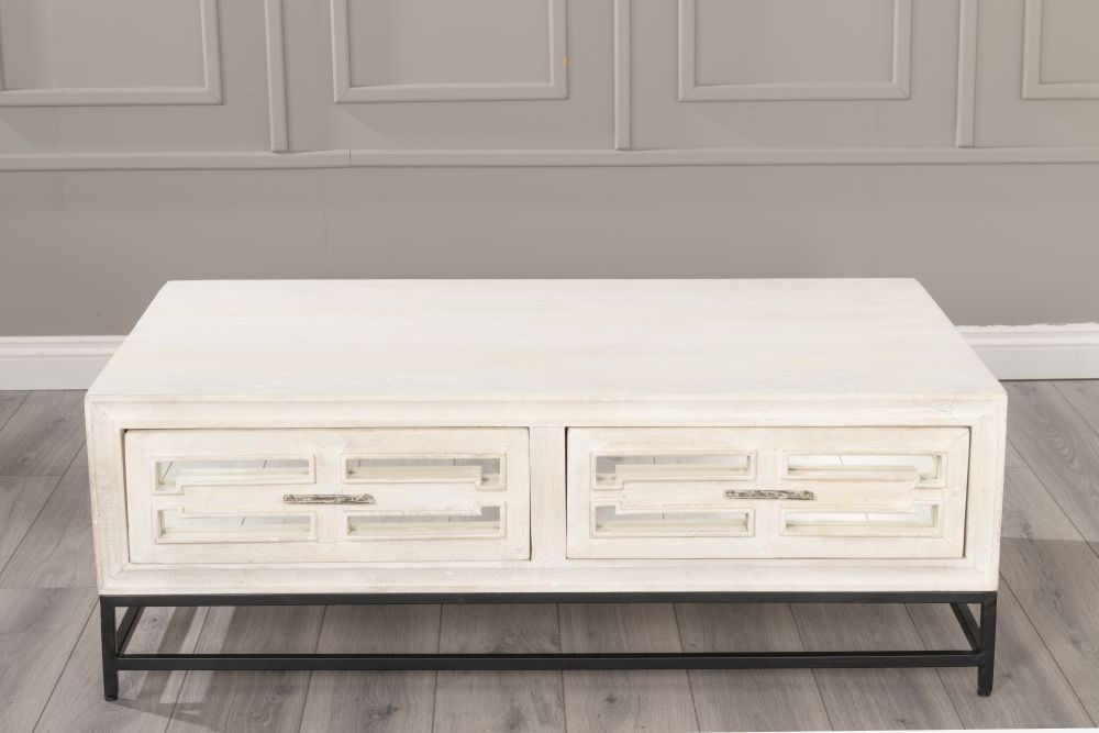 Clearance - Geo Coffee Table - 2 Drawer - White Mirrored