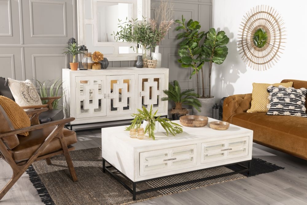 Clearance - Geo Coffee Table - 2 Drawer - White Mirrored