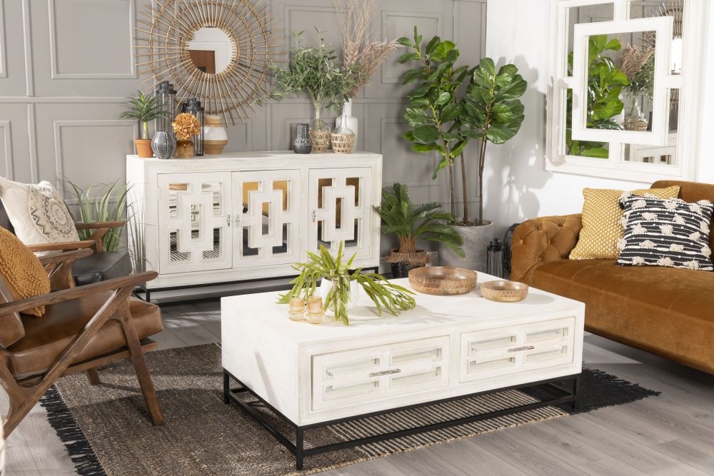 Clearance - Geo Coffee Table - 2 Drawer - White Mirrored