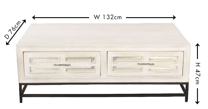 Clearance - Geo Coffee Table - 2 Drawer - White Mirrored