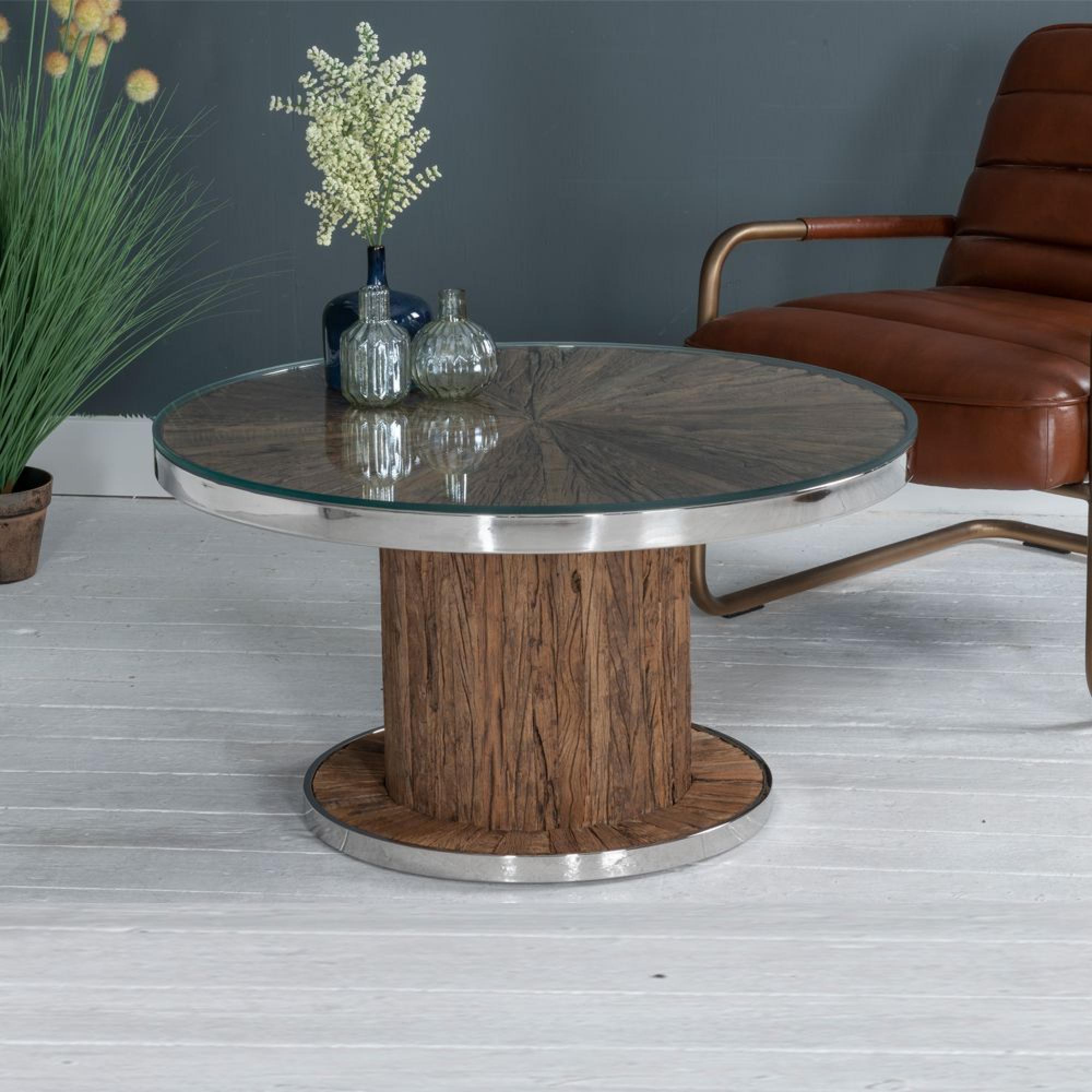 Clearance - Railway Sleeper Coffee Table - Round - Glass Top - Reclaimed Wood